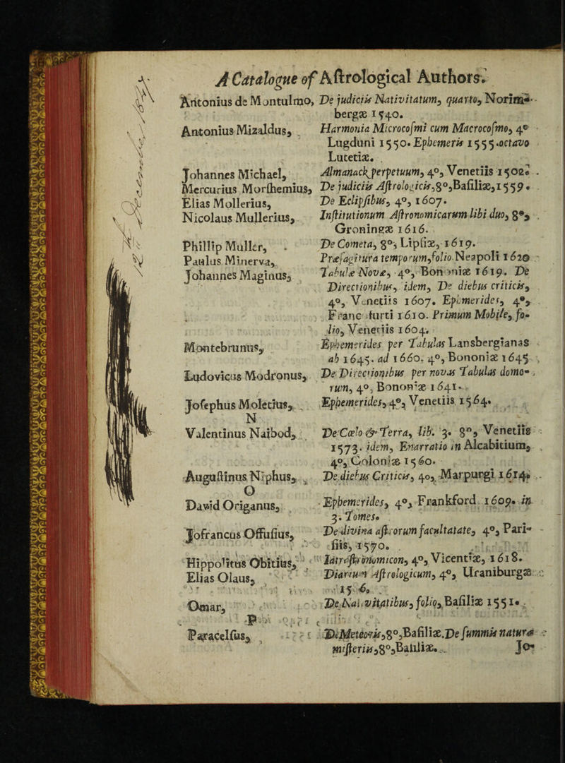 1 A Catalogue of Aftrological Authors.’ Aritonius de M jntulmo, Z?e judiciUNativitatum, quarto. Norim- bergx 1^40. Antonius Mizaldus, Harmonia Micmofmi cum Macrocofmo, 4*- Lugduni 1550 •Epbemerx 15,55.0:^0 Lutetian , Johannes Michael, Almanackjerpetuum, 4°, Venetiis 1502.' Mercurius Morihemius, De iudtciis ^Jir<bV’/«e,8°3Bafilke,i 559. Elias Mollerius, De Edipfibm, 4°, 1607. Nicolaus Mullerius, Injlimhnum Ajlronomicarum hbi duo, 8®> Groningse 1616. De Cometa, g°s Liplix5 1619. Prtfagitura temyo>'umfilio.Nezpoli 162© 1’fibuU Nqv£-> 4°, Bon >ni« 1619. De Directionibuxy ijemy De diebus critids, 40, Venetiis 1607. Epbmerider, 4% Fra?ic ihirti 1610. Prirnutn Mobjley fo¬ lio ^ Verier? is 1604. Byhemerides per fubulas Lansbergtanas 1645. ad 1660. 4°, Bononiae 1645 Ludovicus Modronus, De Direcmmbus per novas tabulos dome-, twit) 40; Bonorrae 1641* EfpemerideSi 4®^ Venetiis 15 64* . Phillip Muller, . Paulas Minerva, Johannes Maginus3 MpntebrunnSy Tofephus Moletfus, N Valentinus Naibod, Auguhinus Niphus* O Davsid Origanus, De-Cce!o&Terrd, lib. 3. §°, Venetiis 1573. idem^ Envrratio in Alcabitium, 40, Colon*s& 15^>o» De diebus CriucH) 40, Marpurgi 1614* Jofrancus Offiifius, H.v •emeridesy 40* Fran kford 1609. 3. ‘Pomes* De diviru aftrorum facnltatates 4°, Pari- fiis, 157O0 , Hippo’itns Obitias,'J Mrapimotmcon, 4®, Vicente, 1618. Elias Olaus, - Diarwn Aftrelogicum, 40, Uramburgs \ , 15 & De KaUvlyilibus, f«l%Balil!* 1551 Pa^acelfus P .0 c *n G o, ia v. v 1 ‘BiMetmk ,so5Bafilise.Pe fummk nature wifterin0 S03Balili36*„„ Trw