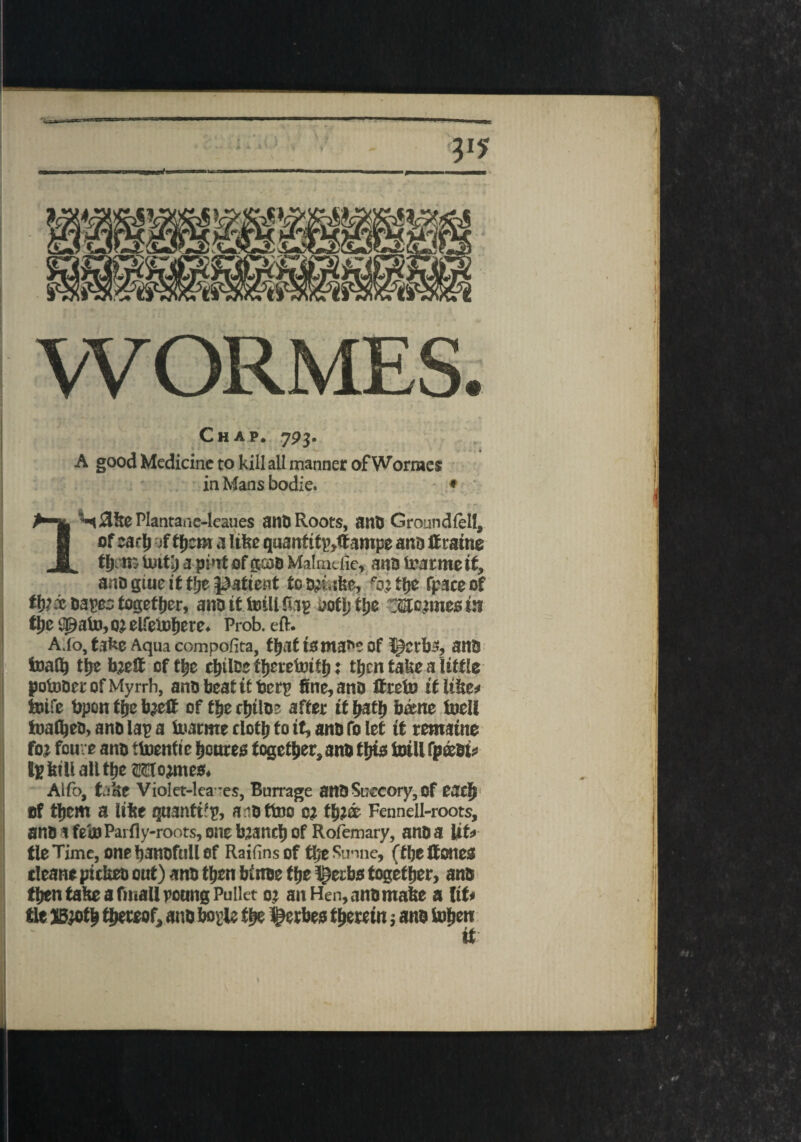 • f - A ' i-. : r VVORMES. Chap. 793. A good Medicine to kill alt manner of Wormcs in Mans bodie. * '1 £lke Plantane-Ieaues anD Roots, anD Groundfell, fl of carl; jf tfjem a like quanfitp,it3mpe anD Otaine B tjjrm Untij a pint of gao Malmefie, ano irarme it, anD gtue it tlje patient totginke, 'ojtfje fpaceof tb?a;Dape3 together, ano it toil! Rip ooflj t|>e 'mantes in t&c Again, qj elfelnljere. Prob. eft. A.io, take Aqua compofita, f^at isma*? of i£erb=s, ana foaflj ttje bjeft of tfjc ebtlce ttjcretoitfj: tljcn take a little potoDer of Myrrh, anD beat if berp fine, ano ffretn it like* toife bpon tfje bjeff of fye cfjtlo? after it batfj bane Inelt toafljeD, ano lap a Inarme clotlj to it, anD fo let it rematne fot fouve anD tlnenf i e Ijonres together, anD tljis tnill fp®Di? Ip kill alltbe OTojmes. Alfo, take Violet-lea-es, Burrage anD Succory, of C3tf) of tljem a like quantifp, anottoo c? tlga Fennell-roots, anD afe'a>Parfly-roots,oneteancbof Rofemary, ano a Ut> tie Time, one banofull of Raifins of ti;e Sume, (ffjc Rones deane pitkeD out) anD then binoe tlje lijetbs toget&er, anD then take a final! poung Pullet 0? anHen,anDmake a lit# tie S&otb thereof, anD bopU $e ^etbes therein; anD token I