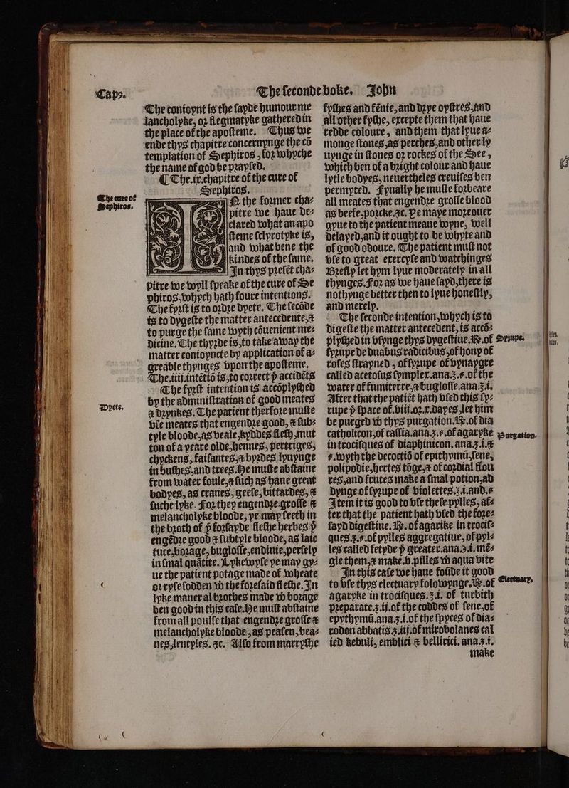 M the former cha- f pitre we haue de⸗ F adared what an apo e aa |(teme cclprotyne is, 8 pitre we wyll ſpeake ol the cure ol Se phiros, whypch bath foure intentions. The kyꝛſt is to oꝛdꝛe dyete. The fecode is to dygeſte the matter antecedente to purge the fame wyth cõuenient me⸗ dicine. The thyꝛde is to take away the Dpete. greable thynges vpon the apoſteme. The. iiij.intẽtiõ isto coꝛrect p accidets The kyꝛſt intention is accõplyched by the adminiſtration of good meates @ dꝛynkes. The patient therfore muſte Hie meates that engendꝛe good, c lub⸗ tyle bloode, as veale, kyddes Heth mut ton ok a peare olde, hennes, pertriges⸗ chyckens, kailantes a byꝛdes lyuynge in buches, and trees. He muſte abſtaine from water foule, a ſuch as haue great bodpes, as cranes, geele, bittardes, it fucheipbe. Foꝛ they engendꝛe groſſe &amp; melancholpke bloode, ve map leeth in the bꝛoth of p koꝛlayde lleche herbes p engẽdꝛe good ¢fubtyle bloode, as late tue, boꝛãge, bugloſſe, endiuie, perſely in mal quãtite. Lpkewyle pe may gy ue the patient potage made ok wheate oꝛ ryle ſodden W the fozeſaid fleche. In lpke maner al bꝛothes made w boꝛage ben good in this cale. e mult abſtaine krom all poulſe that engendꝛe groſſe &amp; melancholpke bloode, as pealen, bea⸗ kyches and fénte, and dꝛye dyſtres and redde coloure, and them that lyue a⸗ monge ſtones, as perches, and other lx uynge in ſtones oꝛ rockes of the See, which ben of a bꝛight colour and haue lytle bodyes, neuertheles creuiſes ben permyted. Fpnally he muſte fozbeare all meates that engendꝛe groffe blood as beefe, poꝛcke. c. Pe maye mozeouer gyue to the patient meane wyne, well delayed, and it ought to be whyte and ol good odoure. The patient mull not Hleto great exercyle and watchinges Bꝛelly let hym lyue moderatelp in all thynges. Foꝛ as we haue ſayd, there is nothynge better then to lyue honeltly, and merelp. 6 The ſeconde intention, whych is to digeſte the matter antecedent, is accõ⸗ lpꝛupe de duabus radicibus, ot honp of roles ſtrapned, of lypꝛupe of vynaygre called acetoſus fpmplet.ana.z.¢.of the water of fumiterre, æ bugloſſe. ana. i. After that the patiẽt hath vied this Cp: rupe p {pace ot. biij.oꝛ r. dayes let him be purged w thys purgation. Me. ok dia in trociſques of diaphinicon. ana.3.0.4 b. Wyth the decoctiõ ok epithymũ, ſene, polipodie, hertes tõge, x of coꝛdial fou res, and krutes make a (mal potion, ad dynge ok lyꝛupe ol violette. S. i.and.⸗ Item it is good to ble thele pylles, af ter that the patient hath vled the fozez ſayd digeſtiue. . of agarike in trocil⸗ ques. 3. c. ot pylles aggregatiue, of pyl⸗ leg called fetyde p greater. ana. . i.mẽ⸗ gle them mate. v pilles wb aqua bite In this cafe we haue foũde it good to bfe thys electuary kolowynge. W. ot agarpke in trociſques. 5 1. of turbith pꝛeparate.z.ij. ot the coddes of ſene, ol epythymũ. ana. ʒ.i.oł the ſpyces of dia⸗ rodon abbatis 3. ii. ot mirobolanes cal ied kebuli, emblici &amp; bellirici. 9 5 make