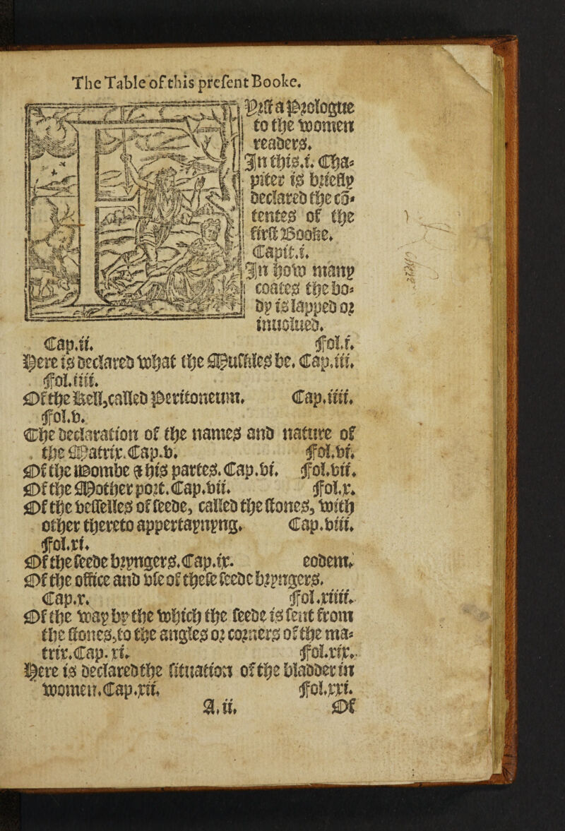 The Table of this prcfentBooke. )3 IX V. KS to ttfc tooment readers* 3Sn tijfe.t* Cfja» piter i<$ bu'efli \K UHWUU CTaptt.s* pin wan? coates tlje bo* Cap.ii. muolueb. $ere Declared to^at if) e S©ufftie0 be. cap,tit, fol.tiit. Oftbe Hell,caUeb peritoneum, Cap, mi, jfol.b. Cbe Declaration of the name# anb nature of , tbe #atti]t.Cap.b. - fol.bn Of tt)e UBombe a partem. Cap. br, <folfeir♦ jgDftie A© other pojt.Cap.bii. jjfoty* <C>f tie beffelle# of feebe, calleb tbe done#, toi$ other thereto appertaining. cap.biit, <jfol.ri. Of tbefeebe btinger0.Cap.tlr. eobern. Of the office anb bfe of tbefe feebc banger#. Cap.r. foLrittiv SDftbe trap bptfte tobteb tie feebe i#feut from tin ffone&to tije angle# 0? corner# oftbe ma* trtr.Cap. jet, jfoltfp, l^tre t# beclarebtbe fifuation of t$e blabber in ‘ tDomen.Cap.jrff, tffol, jnrf. S3, it, Of . &m ■ \