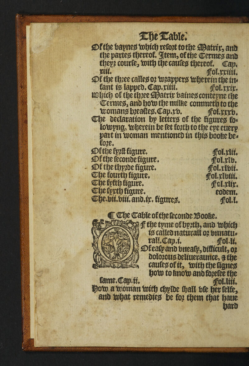 OfthebapnesbohKh«fo?ttothe 3$atrir, ana the partem thereof, gitem, of the cermet ana the# courfe, boith the caufes thereof, cap, Pitt fiolppitit Of the t&ee caller o? bojappers teherem the in* fant is lappea, Cap.riiii. tfolrrir. iEbich of the th?ee *Bpatri;c batnes contepne the Cermes, ana hobo the rmffie commeth to the teomansbjeaaes.Cap.jrb. fffol.jejrjcb. Che declaration bp letters of the figures fo* lobopng, boherein be fet foith to the epe cuerp part in woman mcntionea tn thisboofeebe* fo?e. Oftt?efp?(f figure. ^fol.jrttt* Of the feconae figure, <jfol.jrlb. Of the thp?ae figure. <ffol.rlbti. Che fourth figure, folplbfii, Che fpfth figure. tfcl.tfijr, che fprth figure. eoaern, Che.bti.biii.ana.iir. figures* <fol.l. CCfjeCable of tfiefeconae ©oo&e. f the tpme ofbpfih, ana Which is called naturall o? bttnatu* rail. Cap.t. <jfol.lt. Of eafp ana bneafp, difficult, o? dolojcus aeliueraunce, $the caufes of it, with the fignes hobo to finow ana fojefee the fame.Cap.it. ffolliti. Ipow a woman With ehpiae (half bfe herfelfe, ana bohat remedies be fo? them that haue hara