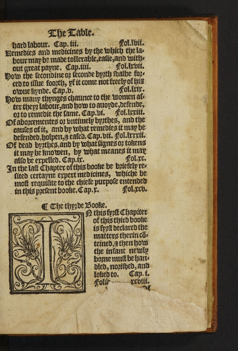bard labour. Cap.ut. tsemedtes and medicines bptbetobtcb tbela* bcur map bz made tollerable,eafie,and tottb* out great papne. Cap.nu. - * <tfoUpbu. t&ob) tbe fecondineo? fecondebpjttb ftaibe fo;* ced to tflue foojtb, pf it come notfteelpof bis o\x>ne&pnde.Cap.b. . <fol.lrtr» tcvtncri tauour,ano yum w auuyu^wwiu*, o? to cemedte tbe tame. Cap.bt. <jf oUrrut. iS>t abojcementes o? bntmtelp bptfbes, anti tpe caufes of it, and by tobat remedies it map be defended .bolpen^ eafed.Cap.bn. jfourrru. £>f t*ead bpttbfkan&bptDbatfignesottpBens ttmapbefinotoen, bp tobatmeanesttmap aifobeerpelled.Cap.tr. .fibre. Itt tbe laff Chapter oftbte boobe be bttefelp re* ftted certapne erpert medicines, be moff requlfitetotbe efttefe purpofe emended in this patent boofte,Cap.p. $ol.pcb* CCbetbPibegooB^ 0 tbtsfp?ff Chapiter of this third booite 0 % J+ . ^ JXt /.YaA, is fp?ff declared the matters tberineff* tetned,atbenbobt the infant nebotp borne muff beban* died, nottibed, and lofted to. Cap.i. (four rebut. 1 «.
