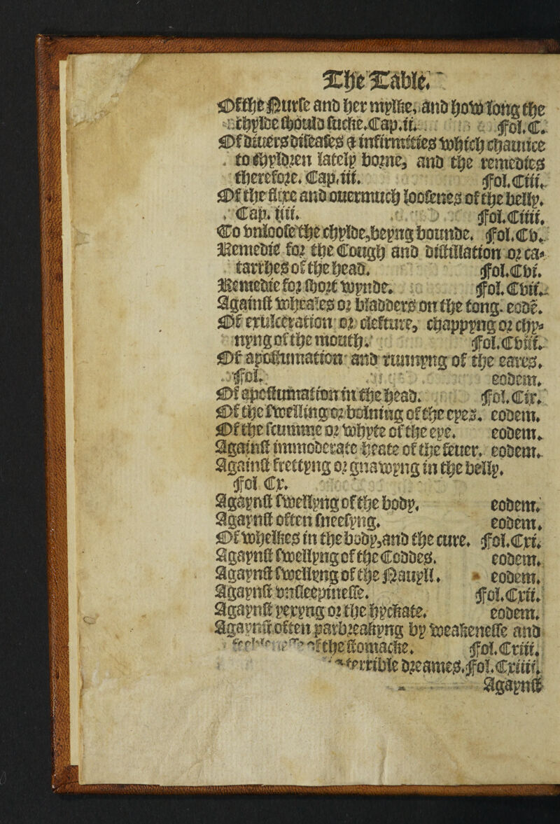 > •*•*. *Df0jfr®tttfe and fter m$6e, anb fjototong the •.i^lfceCboula fucfie.cap.tt., foi.c.. <©f bajensbifeafeg a mftrmiiteg Mjtcjj chmnm fo^pIDjen lately borne, ana the remcbfca therefore. Cap.trt. >jfoi.em,. f£>t the flqce anb oKerameb loo&neg of# belip. .' Cap. tm. .?, .•• j . fjfoI.Ctttt, Co bnloofetbe cbpfce,bepng botmbe. ^ol.Cb. Sememe fo? # cough anb bUffllattoh 02 ca* eaetbesoftfjebeaa. (jfoLCbr. S&emebte fqj (bo?t tupnbe; <jfol Cbtf- SgamU tobea!e0 02 bfabbemon the tong. ecse. J©f e*Meftatfon: o?; efefture, eppppug 02 cfjp* • npngoftbemomp’ foLCbit j©f apcfiumacfcn- anbnmnpng of tljz meg, fei; eo hem. *W apeflomaf ton in the peab, fel.Cir. €>f $e fuelling 02 bolntiig of the epe2. eobem. 3©f the feumme 02 tabpte of# eve, eobem, 9ga*M fasmttoctate firsts of ejc&uctv eobem, again® frettpng 0.2 gnatopng m tije be«p. <jfcl Cp. ■ -; ‘ . 9gapn® ftoenpng oftbe bobp, eobem, agapntt often ftteefpng. eobem. sBDf tobelfieo in tpe bobp,anb the cure, £cl.Cjer, 9 gap® ftoeUpg of the Cobber. eobem, 9gapnaftoeHpng oftfje jQaupft, - eobem, 9gap® tinGeepineile. tfclCpir.'' 9gapn® pejepg 02 eye p&ate. eobem, SgavnS: often patfueaftpng bp toea&eneffe anb -ifebeftomaefce. felCt in, * ^ertbft b2eame0.foi.Cjt;mfi