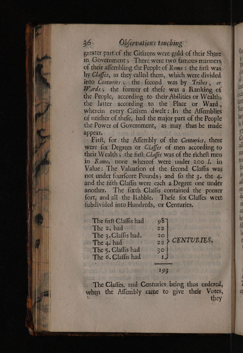 exeater part.of the Citizens were guld of their Share in, Government ; “There were two famous manners ‘8 their affembling the People of Rome: the firft was.’ by Claffes, as they called them, which were divided into Centuries 3. the fecond was by Tribes, or Wards, the former of thefe was a Ranking of the People, according .to their Abilities or Wealth; the latter according to the Place or Ward, wherein every Citizen dwelt: In the Affemblies of neither of thefe, had the major part of the People the Power of Government, as. may thus be made appear. » Pirft, for the Affembly of the Centuries, there were fix’ Degrees or Claffes of men according to their Wealth ; the firft. Clafis was of the richeft men in Rome, none whereof were under 200 J. in Value: The Valuation of the {econd Claifis was not under fourfcore Pounds; and fo the 3. the 4. The firft uate had 983 The 2. had 22 The 3.Claffis had. 20 The 4 had ; 39 CENTURIES. The 5. Clailis had BO The 6. Claffis had 1S (eso 193 The Clafles, and Centuries. being thus ordered, when the Affembly came to give their Oe thcy
