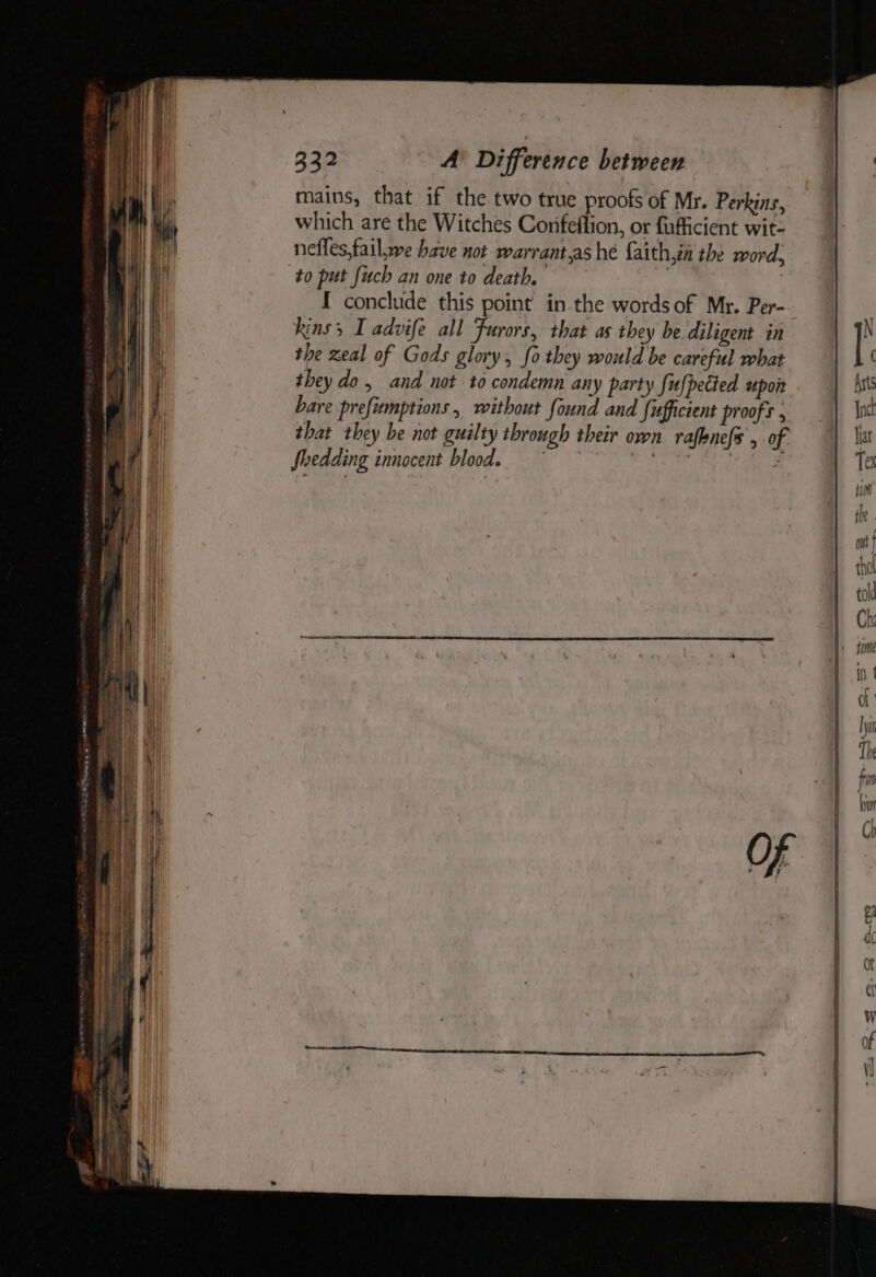 mains, that if the two true proofs of Mr. Perkins, which are the Witches Confeflion, or fufficient wit- neffes,fail.we have not warrant.as he faith,in the word, to put fuch an one to death. I conclude this point in the words of Mr. Per- | i kins I advife all Furors, that as they be diligent in | [’ | the zeal of Gods glory, fo they would be careful what ( } they do, and not to condemn any party {ufpected upoit Ayts i bare prefimptions, without found and fufficient proofs , Inc that they be not guilty through their own raffnefs , of | Sit Shedding innocent blood. Be Mabey: dy ae ye Te iio the i : nt] | thol a Ch tim | in