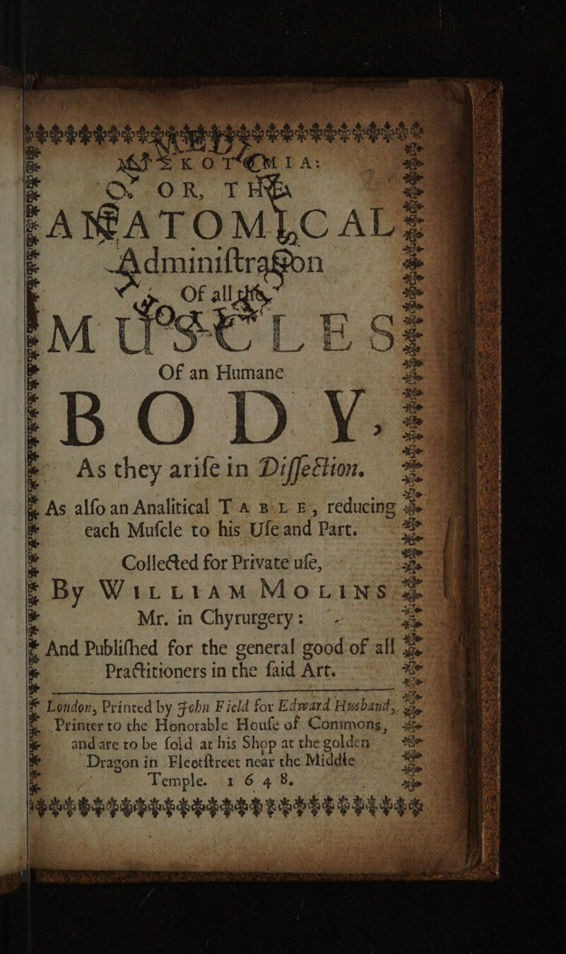 na Per *. pesewns oie: Hees &lt;a Bera isd &amp; rm » fai bh i Dit eg) eit of x 1 nee? qin ene £49 TES “a eps mo. ek &amp; ke oe a Of an Humane ie FBODY be 4 . As they arifein Diffection. * &amp; As alfo an Analitical T A Bt E, reducing ae % each Mufcle to his Ufe and Part. aie tf Colle&amp;ed for Private ufe, Be e By Wirttam MOLINS @&amp; i Mr. in Chyrurgery: - = f And Publifhed for the general good of all 3% ‘ - Practitioners in the faid Art. aie IM London, Printed by. Fohu Ficld for Edward Husbani, eh ie Printer to the Honorable Houfe of Commons, ite im andaretobe fold at his Shop atthegolden &gt; #8 : Dragon in Fleetftreet near the Middle pi Temple. 1 6 4 8. ay P 4 ap oeanesesannranteonete