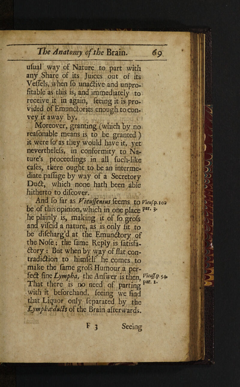 ufuai way of Nature to part with - any Share of its Juices out of its Vellels, when fo unadtive and unpro¬ fitable as this is, and immediately to receive it in again, feeing it is pro¬ vided of Emnnctories enough to con¬ vey it away by, Moreover, granting'(which by no reafonable means is to be granted ) it were (o' as they would have it, yet neverthelefs, in conformity to Na¬ ture’s proceedings in all fuch-like cafes, there ought to be an interme¬ diate paflage by way of a Secretory Du6t, which none hath been able hitherto to dilcover. And fo far as Vieujfenius leans to r«*/p.ioa be of this opinion, which in one place pjr> s' he plainly is, making it of fo grofs and vifcid a nature, as is only fit to be difcharg'd at the Emundtory of the Nole; the lame Reply is latisfa- ftory : But when by way of flat con¬ tradiction to himfelf he comes to make the lame grols Humour a per¬ fect fine Lympha, theAnfwer is then, 54* That there is no need of partingpar' *' with it beforehand, feeing we find that Liquor only feparated by the Lymphcedrih of the Brain afterwards. F 3 Seeing