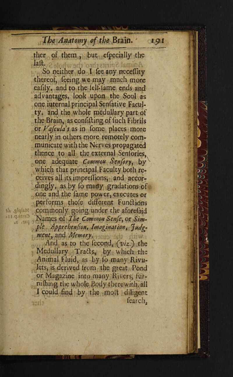 ' .glqf&M ther pf them, but efpecially the laft. ipriwarit eihrqE IfiaiioH So neither do I fee any necefiity thereof, feeing we may mnch more eafily, and to the ielflame ends and advantages, look upon the Soul as one iitfernal principal Senfative Facul¬ ty. and the whole medullary part of the Brain, as confiding of fuch Fibrils or Vafculds as in fome places more nearly in others more remotely com¬ municate with the Nerves propagated thence to all the external Senlories, one adequate Common Senfory, by^ which that principal Faculty both re¬ ceives all its imprefllons, and accor¬ dingly, as by fo marly gradations of one and the fame power, executes or performs thofe different Functions commonly going under the aforefaid Names of The Common Sen/e, or Sim¬ ple Apprehenfion, Imagination, Judg¬ ment, and Memory. And as to the fecond, (vizi) the Medullary Trails, by which the Animal Fluid, as by lo many Rivu¬ lets, is derived from the great Pond or Magazine into many Rivers, fur- milling the whole Body therewith‘all I could find by the molt diligent * fearch^