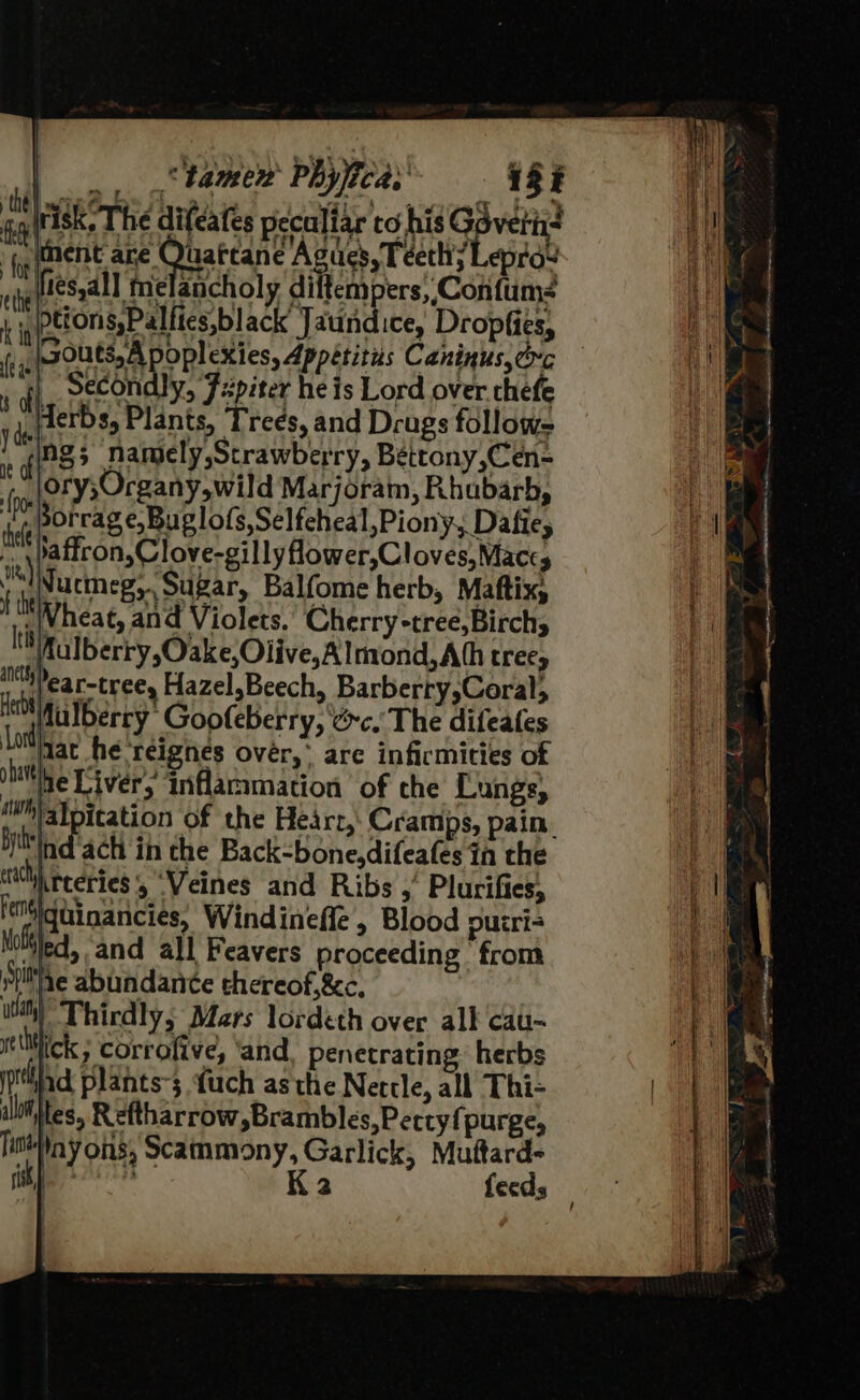 | Pamen Phyieas’ RE Wisk: The difeates peculiar to his Gaverin= ape ate Quattanc Asi, Tes Lapea ires,al] melancholy differ ers, Confums . pttons,Palfies,black Tain ice Dropfies, jsouts,A poplexies, dppétitus Caninus,erc fh, secondly, Fapiter he is Lord over chefe derbs, Plants, Trees, and Drugs follow- ing; namely,Scrawberry, Bettony,Cen- ory;Organy,wild Marjoram, Rhubarb, . borrag e, Bur lofs,Selfeheal »Piony, Dafie, . pattron,Clove-gillyflower,Cloves,Maccs Nucmeg,.Sugar, Balfome herb, Maftix, : Wheat, and Violets. Cherry -tree,Birchs I Aulberry,Oake,Olive,Almond,Afh trees anes ear-tree, Hazel,Beech, Barberry,Coral; Heda Tbercy ‘Goofeberry, ¢c. The difeafes Lond yar he ‘réignes ovér,’ are infirmities of tthe Liver, inflammation of che Lungs, iMlalpitation of the Hearr, Cramps, pain. Bit nd’ach in the Back-bone,difeafes in che iW) reeries » .Veines and Ribs ,° Plurifies, itiblqdinancies, Windinefle, Blood pucri= Noltled, ‘and all Feavers proceeding from ‘ite abundance chereof,&amp;c, usa) Thirdly, Mars lordeth over all cau- it Mick ; corrofive, and penetrating herbs pl ad plants-; fuch asthe Nercle, all Thi- ilies, Reftharrow,Brambles,Pecty{purge, lity ons, Scatmmony, Garlick, Muftard- fis Ka fecds