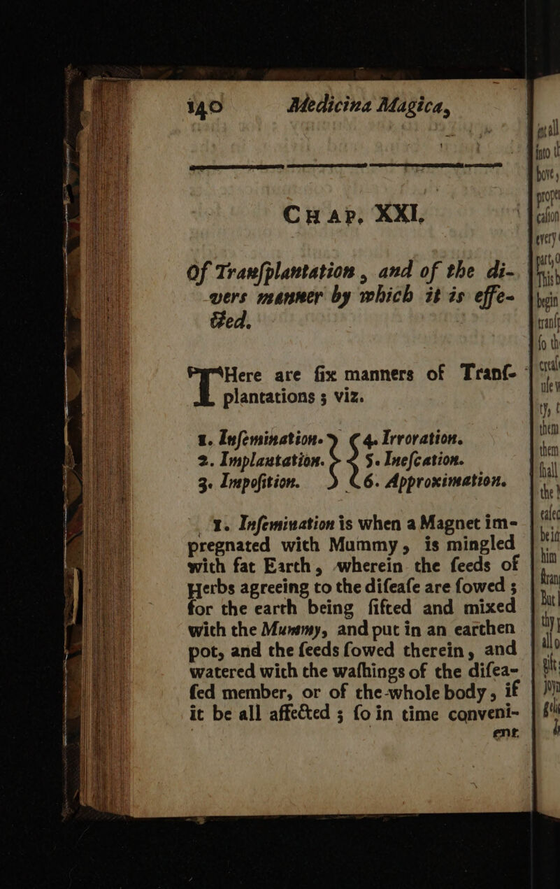 { CyHuap, XXI, Of Tran{plantation , and of the di- vers manner by which it is effe- ted. plantations ; viz. 2. Implautation. 5- Inefcation. 3- Impofition. 6. Approximation. 3. Infernination is when a Magnet im- pregnated with Mummy, is mingled with fat Earth, wherein the feeds of Herbs agreeing to the difeafe are fowed ; for the earth being fifted and mixed with the Mummy, and put in an earthen pot, and the feeds fowed therein, and watered wich the wafhings of the difea- fed member, or of the-whole body, if it be all affected ; foin time conveni- : ent, hove ; Thist bin fo th cyeal ule y ty, t them them the | eale belt him Ran Bat |