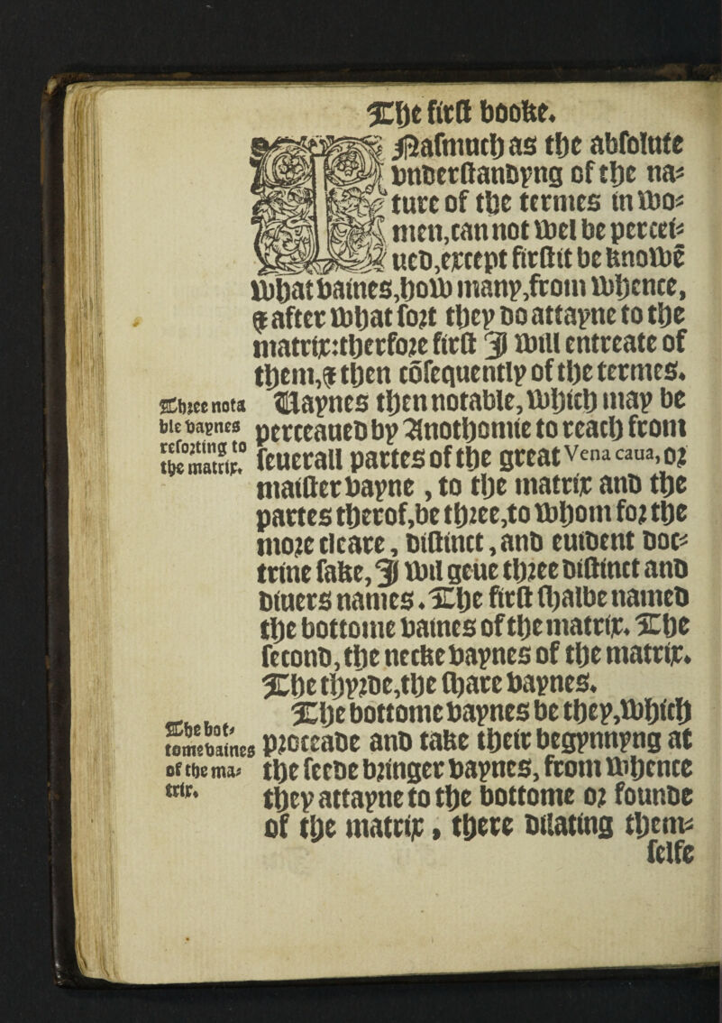 %\\t fitCt boobe* |2afmucpas tpe abfolute bnberftanbpng of tfjc na* ture of tUc termes in too* men,can not toel be per cei* ucb,erccpt firftit be bnotoe topatbafttes,poto many,from tope nee, $ after to pat fo?t tpep bo att apne to tpe ntatrirttperfoje fttft 3 totll cntreate of tpeni,$ tpctt cofequentlp of tl)e termes* SCbjee nota Uapnes tpen notable, topicp map be ble bapnes perceauebbp 3notpontie to react) from SSK ftuerall partes of tpe great vena caua,0$ mattterbapne, to tpe matrir anb tpe partes tpcrof,be tp2ce,to toporn fo? tpe mo?e cl care, bifttnct, anb eutbent boc* trine fabe, 3 toil gcue tp2ee mftinet anb biners names *Xpe ftrft (palbe ttamcb tpe bottottie bames of tpe matrir* Xpe feconb, tbe necbe bapnes of tpe matrir* XPe tpp?be,tpe (pare bapnes* . , Xpe bottome bapnes be tpep,topicp Smrnm PJCteabe anb tabe tpeir begpnnpng at of toe ma« tpe fcebe toinger bapnes, from topence tt<f’ tpep attapne to tpe bottome 02 founbe of tpe matrir > tpere biiattng tpem* fclfc