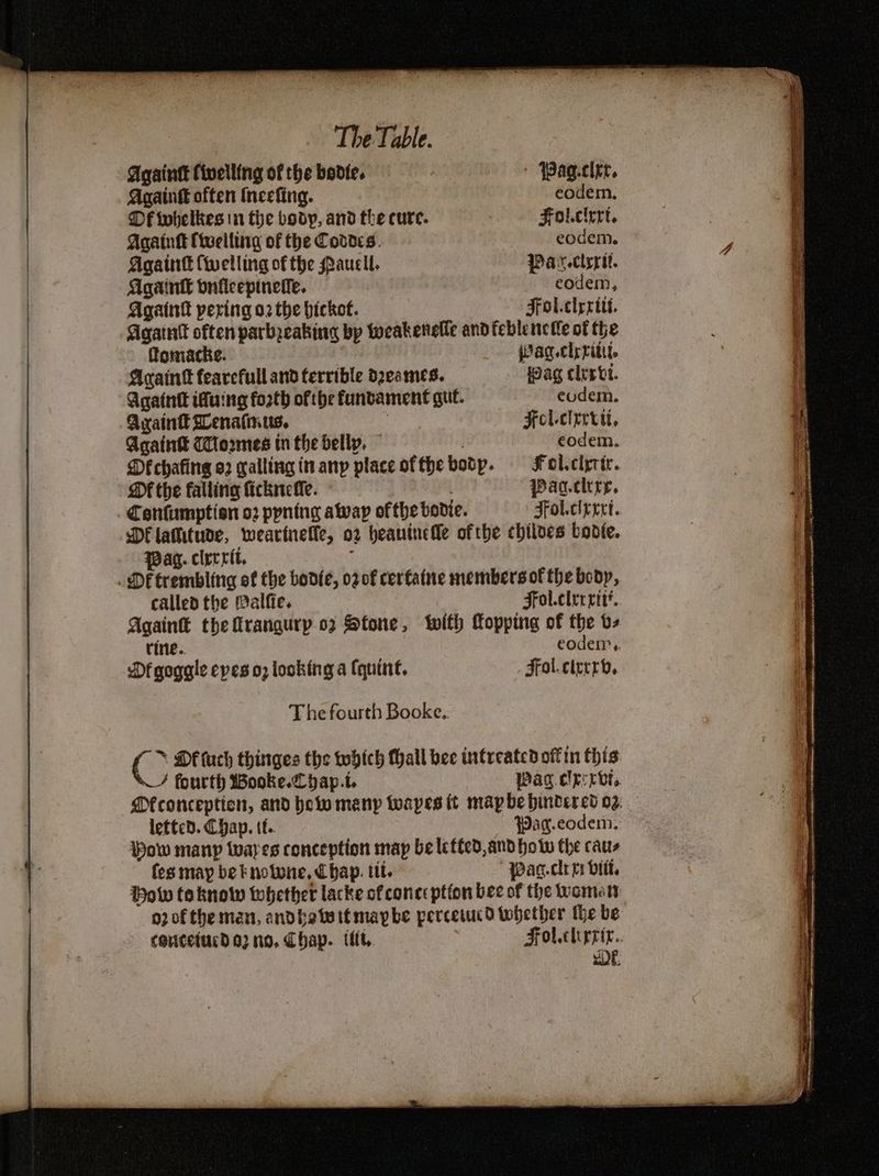 Againk (welling of the bedte. WPag.clee. Again offen Mncefing. eodem. Of twhelkes in the body, and the cure. Fol.clert. Aqaint Coseiltug of the Coddcs. eodem. Againt {welling of the auell. Pax.clyrit. Again bnficepineffe. eodem, Agatni pering 02 the bickot. Fol.clyritt. Againt often parbeabing bp weakenelle andfeblenctle of the Tomacke. Paqclrriti. Acaint fearcfull and terrible deames. wag clervt. Againtt ifuing forth ofthe funbament gut. eudem. Again Tomes in the belly. eodem. Df chafing a2 galling in anp place of the body. F ol.cixtir. Mf the falling fickneffe. Paq.clery. Confumption o2 pyning away of the bodie. Jfol.cigrtt. Df latitude, weartnefle, 02 heantnefle ofthe chilves boote. Wag. clerrit, : Df trembling of the bodie, o2 of cerfatne members of the body, called the Malfie. Fol.clerrit’. Again& theflrangurp.o2 Stone, with Topping of the v- rine.. eodem,. Df goggle eyes 0; looking a (quint. Fol.cterrb, The fourth Booke.. & Of tuch thinges the whtch hall bee intreated of in this / fourth Wooke.Lhap.t. wWag.cleer vt. Mfconception, and hew menp twapes (t mapbe hindered 02: lettcd. Chap. tt.. Wag.ecodem, How manp twayes conception map be letted, and ho tw the caus fes may be knolwne, Chap. tl. Pac.clr 1 ditt, How to know whether lacke of conception bee of the women op of the man, andbetwitmaybe percerucd whether he be concetucd o2 no, Chap. ttit, Folcleypir.. Dé. S