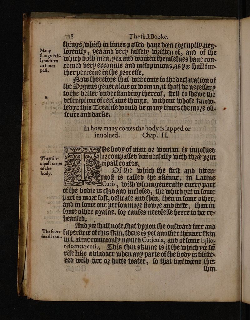 “18 - The firft Booke, things, which in tines patted haue ben cozruptlyneg: Many _j- Limentlp, peaand berp fallelp wetttenof, and of the lywriren MICH Doth men, peaand women themlelues bauc con- intimes § Cetued herp ervontus and milopintons,as pe (hall fur- pak. —__ therpercetue mtbe peacelle, i _ sda therefoze that weeronte Cotbe declaration of the Degans renervatiue tn woman, tt Hall be neceflarp tothe better bnderitanding there, firk fo heme the ..» . deleripttonofcertame things, without whale know oo Tenge hts Lreatile mould be many tonesthbemoze obs. « {cuveanddarhe, Fat Big  Inhow many coatesthe body is lapped or | --. inuolued. Chapisdibn oii ete Ass De body of man o2 wontan. ts truoluer: lazcompatten bniuevtalip with thee pete cipall coats ee a 5 pall coates, : TABS bo, | MRONN eo’ Di the which the firt and biter= eto ts calied the skinmne, m Late bearien,; Andpe hallnote,that bppon the outward face and: ‘slp wes luperticte ofthis fitn, there ts pet another thinner thar ~~ Uulatine contondy namted Cuticula, and offomte Ef relcentiacutis, ois thin skinne ts it the which pe fe rilcitke a bladder when any parte ofthe bony tsblifte: reo with five o2 botte water, fo that betmene ied