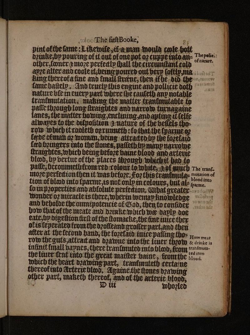 too Phe firhBooke, $5 pint ofthe fame: Likemifetiaman inoula cole -bott deinite,bp pouring of tt out ofone pot o2 cuppeintoan- other,fooner &mioze perfedip hall thectvcuntant cold nature bien cuerp part where he cauteth anp notable franinutation, making the matter frantmutable to prey et be ftraigbtes and navel turnagaine anes, {be matter homing enclining andapting ittelfe alwapes tothe diipotition ¢nature of the deflels tho- roi mbich ttrooleth ogruuneth :fothattbhe (pavme.oe fede ciimait 02 woman, being attvacenkp the fozelaw fed betngers into the tones, palethbpmanp navvowe ftraightes, which hema befoze baine blood andarterte blood, bp bertuc ofthe places theough whicbtt ban fo & and beboloe the ommipotencie of Good, then toconiider Dow thatof the ineate and d2inke which we daplp dog eate,bp dinetion trl ofthe tomachke,the fine tice ther é ofts tepevated fromthe dzolleandgrotler partjand then Ibich the heart bzawing part, trantuuteth cevtane theveofinto Artevichlod, Againe,the tones deawing other part, maketh theveaf, andot the avtevic blond, | D ttt whoeled + 7 : i s 4 ws = ae ee ee = = ay . = 2 aa eee I Ei nee, i nell A RA ss cml a as lide A hese lace avn ant t bic S netl, A .