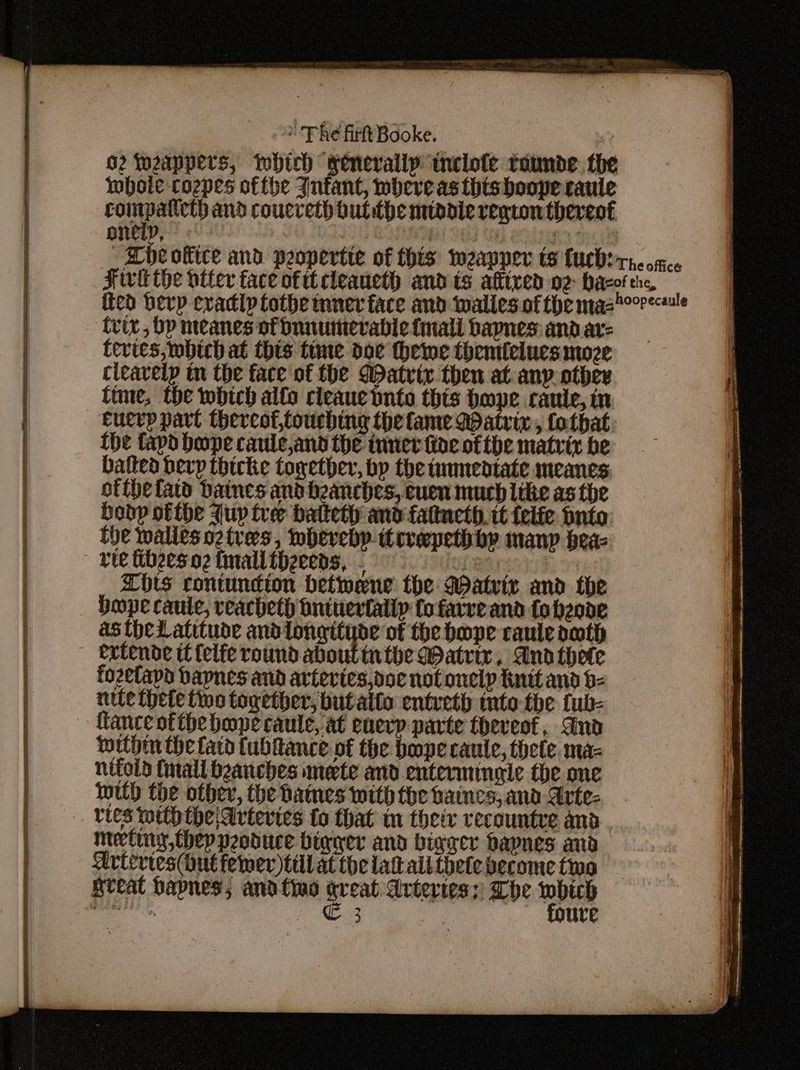 a ee a ae isi S * POO LIE MEE ect PILLAI gM LL NIE Sin i PGR OOD WF DE a BN Phe firftBooke. | i o2 foeappers, which generally inclole tounde the bole cozpes ofthe Jntant, whereas thishoope caule yes ene and coucrethbbulithe middle regton thereof onelp, « | er \ trix, bp meanes of bunumerabie fall baynes and ar- tevies, which at this time doe thee themielues moze cleavelp tn the face of the Matrix then at anv other time, the which alto cleaue nto this Hope caule, in cuerp part thereof,touching the fame Matrix, fothat ihe fapd hope caule,and the inner tine ofthe matrix be batted bevy thicke toyether, bp fhe unmedtate meanes: ofthe fats baines and heanches, euen much like as the bobp ofthe qup tre battety and fattncth, it felie onto the walleso2tves, whereby trrepethby many bea- This contuncion betwene the Matrix and the Dope caute, veacheth huitierlallp fo farve and {o bende as theLatitude andiongtitude of the hope caule doth fozetapa bapnes and artevies,ooe not onelp init and b- nite thete tion toether, butalio entyeth into the tub- twithin the fatd fubtance of the hope caute, thete. maz nifold fall bzanches mete and entermingic the one inilh fhe ofber, the haines with the baines, and Arte- meting thep peodtice bigaer and bigeer baynes and Artevies(hut fewer til at the lat alt thete become two great haynes; and tivo aa Arteries; The se si alii - € 3 : foure St | ns nis