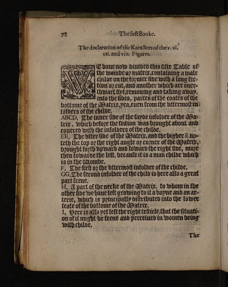 HO The fil Rooke: The declaration ofthe Karagtersofthev. vi. vil. and vill. Figures). > sti aes) © baie tote piuioed this fifte able of Hf the wembe o2 matriv,contatning amate LAW NY/ai< | Chube on fhetoenter tide mith a long {e¢- W485} tort 02 cut, and another wbhtch are cuer= 6 NVNGH thwart iptremouing and taking aap, = into the ides, partes ofthe coates of the bottome of the Matvix,pea,cuen from the bitermott ui © foloers ofthe child, i mS ABCD, he tuner tise of the fapoe tnfoloer ofthe Wa: trix, wbich befoze the fedton was heought about and coucred with the mfoloersoftbecbiloe, EE, Whe bitertiee ofthe Matrix, and thebtyher E noe teth the top o2 the vinbt angle o2 cozner of the Matrix, ' Peought fot hy ward and foward the right ioe, moze then tomarde the left, becaule tt is aman chiloe whieh tsin the Mombe, i MORO PENNE EUS MAO F, Whe tirit o2 the bttermok tnfolder of the chitoe, GG,Lbe lecond infolder of the child ts here allo a great partfeene, fn sang H, Apart of thenecke of fhe Datrix, fo whom in the other fide we baucietl growing to tt a Dapne and an av= terie, mbich is peincrpallp dtliributed into the lower {eate oftbe bottome ofthe Matrix, - l, Pere is alto pet letlthe right telticle,that the iiuatte- on ofit miydt be feene and perceiued i Women bewy