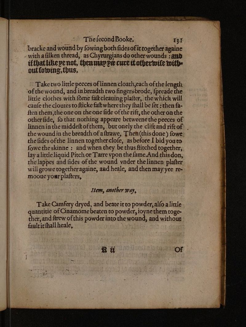 Pe eee ee a bracke and wound by fowing both fides of irtogether againe ifthatlike pe not, thenmap pe cure ttotherwile ithe outfoming, thus, Take two little peeces of linnen cloath,each of the length of the wound, and im breadth two fingers-brode, {preade the litcle clothes with {ome faftcleauing platter, the which will caufe the cloutes to fticke faft where they fhall be fet : then fa- ften them,the one on the one fide of the rift, the other on the other fide, fo that nothing appeare betweene the peeces of linnen in the middeft ofthem, but onely the cliftand riftof? . the wound in the breadth ofa ftrawe, Then (this done ) fowe the fides ofthe linnen together clofe, as before I bid youto fowe the skinne : and when they be thus ftitched together, lay alittle liquid Pitch or Tarre vpon the fame.And thisdon, the lappes and fides of the wound vnder thelinnen plafter will growe together againe, and heale, and then may yee re- mooue your plafters, Item, another way, Rw