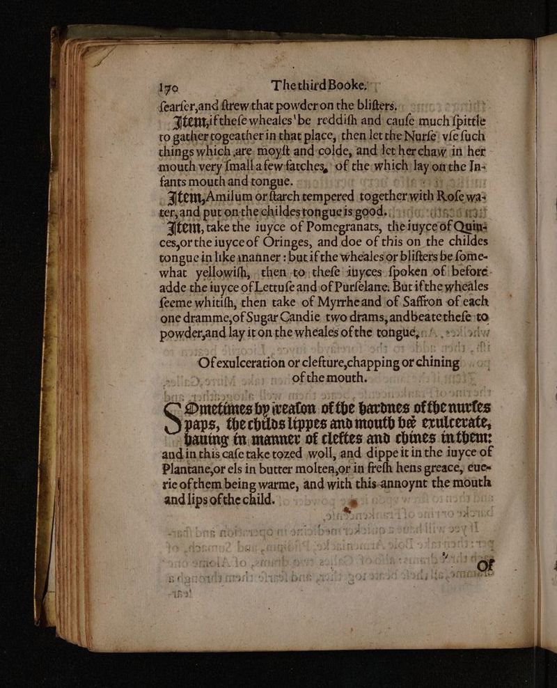 fearfer,and ftrew that powder on the blifters. Ftenr,ifthefe wheales'be reddith and caufe much {pittle to gather cogeatherin that place, then let the Nurfe’ vfe {uch things which are, moyit and:colde, and Ict her chaw in her mouth very {mallafew:fatches, of the which lay onthe In- fants mouth and tongue. Re 4item,Amilum orftarch tempered togetherwith Rofe was ter,and puronthechildestongueis good. ; yi ())a20 Woe Ftem, take the iuyce of Pomegranats, theiuyceof Quins ces,or the iuyceof Oringes, and doe of this on the childes tongue in likeananner : but ifthe wheales or blifters be fome- what yellowifh, then to: thefe inyces: {poken of before. adde the iuyce of Lettufe and of Purlelane: Bur ifthe wheales feeme whitifh, then take of Myrrheand of Saffron of each one dramme,of Sugar Candie two diams, andbeatethefe to powder,and lay iron the wheales of the tongues. »2.\ sw ‘Ofexulceration or clefture,chapping or chining | of the mouth. Drmetimes by weaton ofthe bavdnes ofthe nuries paps, thechilaslippes and mouth be exulcerate, Dauing tu manner of cleftes and chines mfhem: and.in this cafe take tozed..woll, and dippe it in the iuyce of Plantane,or els in butter molten,or in frefh hens greace, eue~ rie ofthem being warme, and with this-annoynt the mouth and lips ofthe child. , &