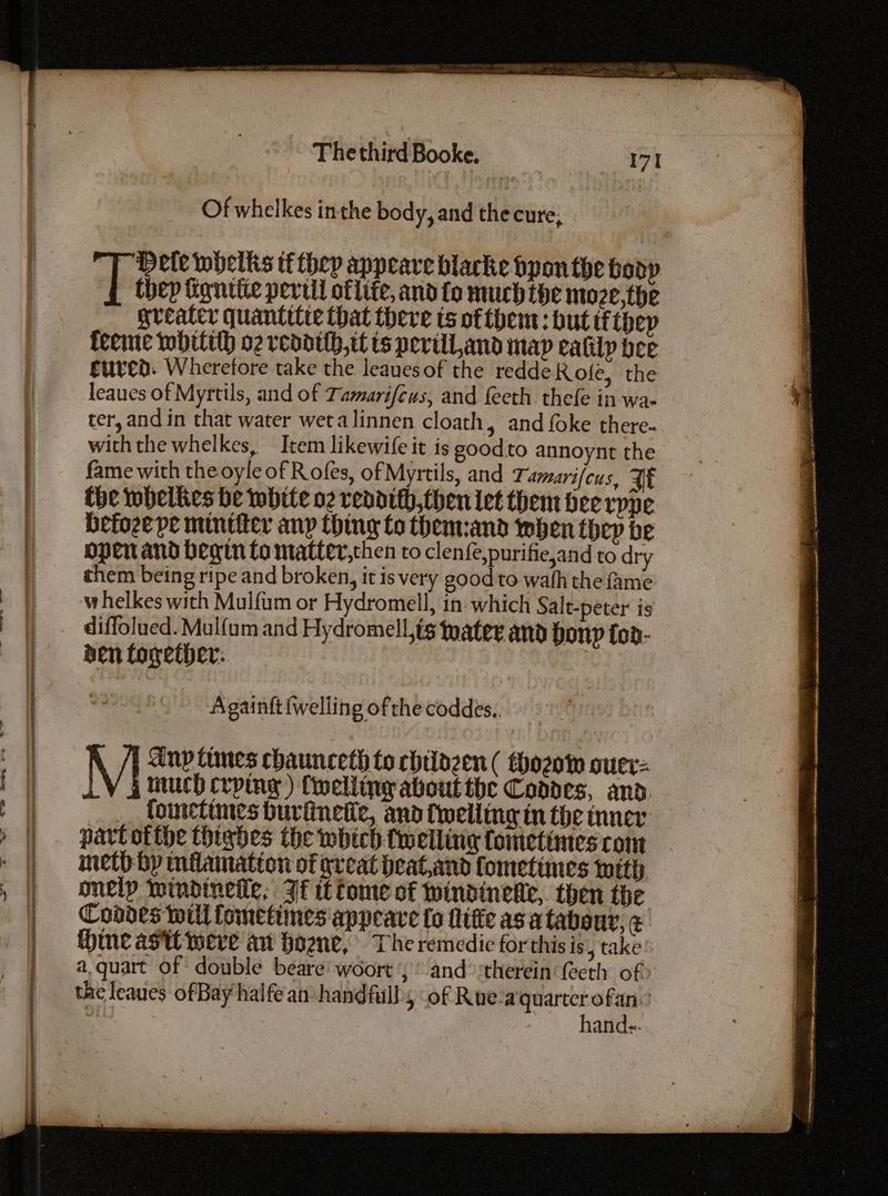 Of whelkes inthe body, and the cure, ~ Dele whelkis tf they appeare blacke bponthe boop Hb thep figntite peru oflife, and fo much the moze,the greater quantitie that there ts of them: but tftbep feeme whittth o2 veadith,tt ts pevill,and map ealilp bee gured. Wherefore take the leavesof the redde Rote, the leaues of Myrtils, and of Tamarifeus, and feeth thefe in wa- ter, and in that water wet alinnen cloath, and foke there- with the whelkes, Item likewife it is goodto annoynt the fame with the oyle of Rofes, of Myrtils, and Tamarifcus, $f the whelkies be white o2 rendtth,then let them bee rppe befozepe mintier anp thing to them:and when thep be open and begin to matter,then toclen fe,purifie,and to dry them being ripe and broken, it is very good'to wafh the fame whelkes with Mulfum or Hydromell, in. which Salt-peter is diffolued. Mul{um and Hydromellts rater and bony {od- den forether: Againft {welling ofthe coddes.. Anp times chaunceth to chtlozen ( thozow ouer: LV 4 ttuch crying ) fwelling about the Coddes, and. fometimes buriinetic, and fwelling in the ner part ofthe thighes the which {welling fometimes com inctb by mflamation of xreat beat,and fometimes with onelp windtinelle, If tome of windinekle,. then the Condes will lometines appeare fo lite asa tabony, & Hine astt were at Hone, The remedie for this is, take a. quart of double beare' woort ; ’ and> ‘therein {eeth of the leaues of Bay halfe an handfull, “of Rue-a‘quarter wr | . hand-.