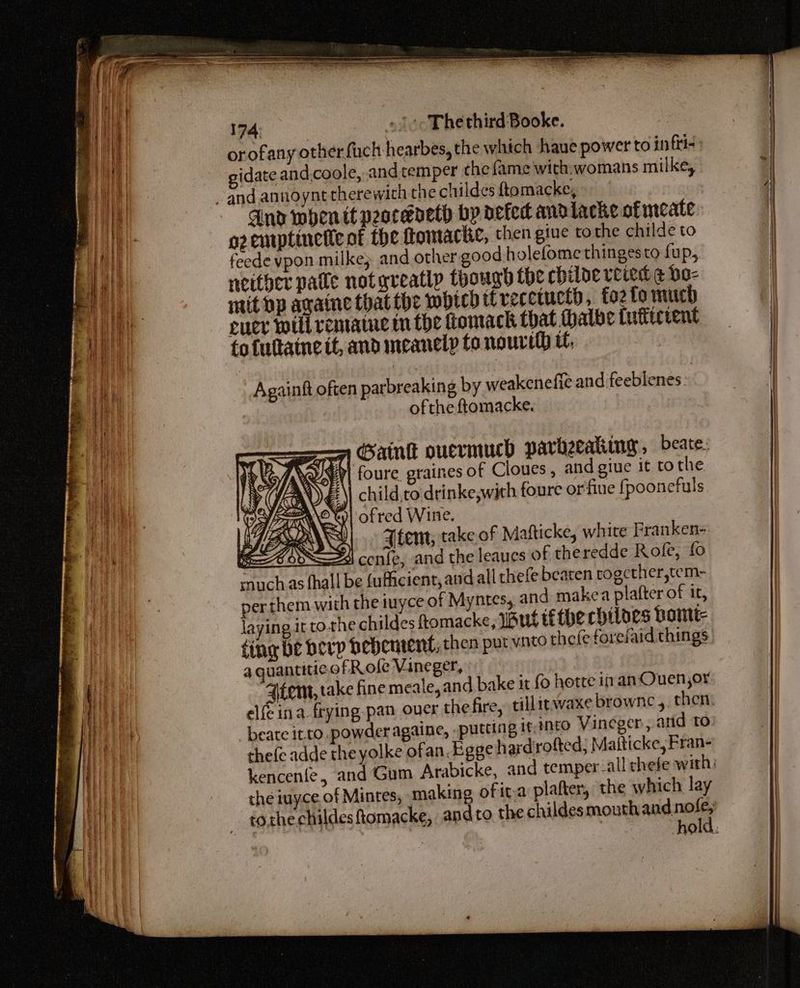 174: «f+. Thethird-Booke. re orofany other fuck hearbes, the which haue power to in fii- gidate and.coole, and temper che fame with.womans milke, ~ and annoynttherewith the childes ftomacke, And when it peoreneth bp defect andlacke of meate ozemptinetie ot the froitackte, then giue tothe childe to feede ypon milke; and other good. holefome thingesto fup, neither pale not greatlp thong the chile veied @ bo- mit op againe that the wbtcd itrecctucth, fo2 fo much eur will vematne tn the tomack that thalbe tuftictent fofuttaineit, andimcanely to nouvel u, Againft often parbreaking by weakenefie and feeblenes : | ofthe ftomacke. child.to drinke,with foure or‘fiue fpoonefuls white Franken- {o a guantitic of Role Vineger, atom, take fine meale,and bake it fo hottre in an Ouen,or elfina. frying-pan over thefire, tillitwaxe browne ,. then: beate ito. powder againe, putting it;into Vinegen, and to: thee adde the yolke ofan. Eggeh ard rotted; Maiticke, Fran- kencenfe, and Gum Arabicke, and temper-all chefe with, the iuyce.of Mintes, making of ita plafter, the which lay tothe childes ftomacke, andto the childes mouth andnoe OIG: