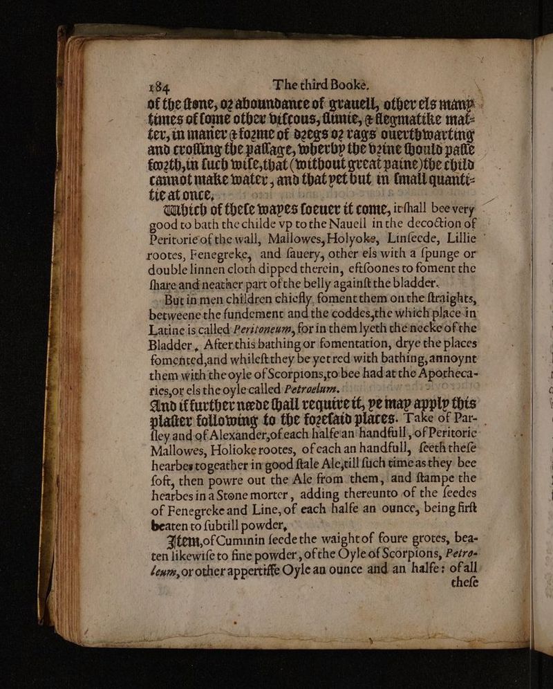 fev, in maner efozme of Begs 92 Tags oUertbwarting and croling the pallage, wbevby the vine thouts patie foozth,tn fuch mife,that (without gveat paine)the child ae ica water, and that pet but in fnall quanti- ic at once, ood to bath the childe vp tothe Naueil inthe decoction of rootes, Fenegreke, and fauery, other els with a {punge or double linnen cloth dipped therein, eftfoones to foment the fhare-andneather part of the belly againft the bladder. But in:men children chicfly, fomentthem onthe ftraights, betweenethe fundemenc and the coddes,the which placein Latine is called: Peritoneum, for in them lyeth the necke of the Bladder, Afterthis bathing or fomentation, drye the places fomented,and whileftthey be yetred with bathing, annoynt them with the oyle of Scorpions,to bee had atthe Aporheca- ries,or els the oyle called Petroelum. a And {further neede hall requive tt, pe map apply this fley and of Alexander,of each halfe‘an handfull: of Peritoric Mallowes, Holiokerootes, ofeach an handfull, {eeththefe hearbes togeather im good ftale Ale,till fuch timeasthey: bee foft, then powre out the Ale from. them, and ftampe the hearbesinaStone morter, adding thereunto of the feedes of Fenegrekeand Line, of each halfe an ounce, being firft beaten to fubtill powder, Atem,ofCummin feede the waightof foure grotes, bea- ‘eum, ox other appertiffe Oyle an ounce and an halfe: . a | chefe