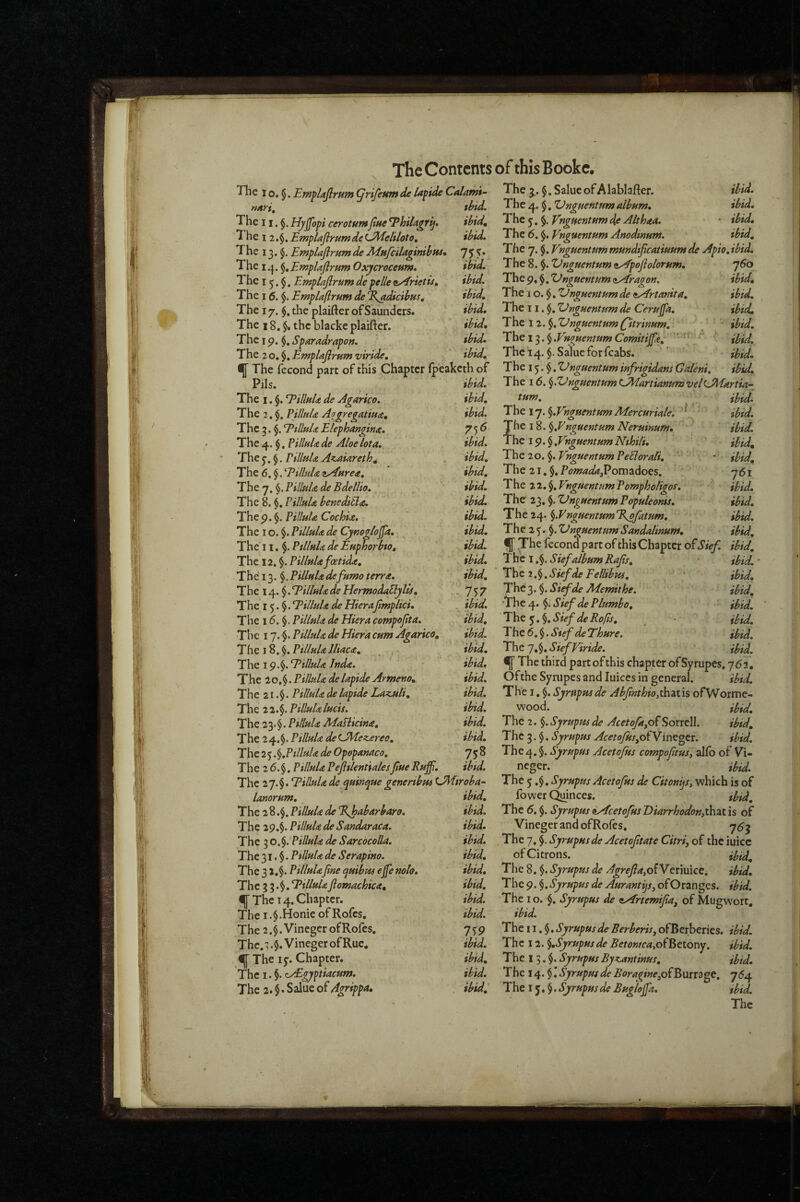 I o, §. EmpUjlrum ^rifeum de la^ide Calamt~ nArt, ibid. ibid, ibid. ibid. ibid. ibid, ibid, ibid* %bid. ibid. The 11. Hyjfopi cerotumJtue ^hiU^ij. The 11.^. EmplaJlrumdeLMeliloto, The 13. $. Emplajirumde AinfcilaginibHi* The i^. ^,E.mpUflrum Oxjcroceum. The 15. §. Empiajirum de pelle eyfrietu. The 16. $. Emplaftrum de E^dicibus, The 17. §. the plaifter ofSaunders. The 18. the blacke plaifter. The I p. Sparadrapon. The 20,$. Emplajimnt viride. The fecond part of this Chapter fp'eakcth of ~ ' ibid. ibid, ibid. 75(5 ibid, ibid, ibid, ibid, ibid, ibid, ibid, ibid, ibid, ibid, 1^7 ibid. ibid, ibid, ibid, ibid, ibid, ibid, ibid, ibid, ibid, 758 ibid. Pils. The I. $. EHIhU de Agarico. The 2, $. FilluU Aggregatiua, The 3. §. EilluU Ehphangina. The 4. §, VUImU de Aloe lota. The §. rilltiU A^aiareth, The 6. ^.EilluU nyAurea, The 7. §. PilluU de Bdellio., , The 8. $. PilluU benediUa. The p. §. PilluU Cochia. The I o. §. PilluU de Cymglojfa, The 11. PtllnU de Euphorbto, The 12. PilluU foetida. The 13. ^.PilluUdefumo terra. The 14. $. Eilluda de HermodaBylis, The 15.$. EilluU de Hierafmplici. The 15. §. PilluU de Hiera compofta. The 17. $. PilluU de Hiera cum Agarico, The 18. $. PilluU lliaca, , , ’Th.Qig.^.EilluU luda. The 20.$. PilluU de lapide Armeno, Th e 21. $. PilluU de lapide Lazuli, PilluUlucis. . Thciy^.PitluU dHafUcwa, , The 2 4.§. PilluU de LMezereo, ^' The 2 5 .^.PilluU de Opopauaco, The 2 d.$. PilluU PejiilentialesJiue Rujfi. The 27.$. EilluU de quin^ue gene rib Hi LMtroba- The j. §. Salue of Alablafter. ibid. The 4. $. Zdnguentum album* ibid, 'X\\^^,%,Vngitentumdfi Althaa. • ibid. The 6. §. Vnguentum Anodinum. ibid. The 7. Vnguentummundificatiuum de Apio,ibid. The 8. $. 'Vnguentum ^yfpojlolorum, 7^0 The p, §. Vnguentum <tAragon. ibid. The I o. $, Vnguentum de ^rtemita, ibid. The 11. Vnguentum de Cerujfa. ibid* Thit 11. ^.Vnguentum(jtrinum, ibid. The 13.$ .Vnguentum Comitijfe, ' • ■ The 14. §. Salue for fcabs. ' , The 15. §. nguentum infrigidans Galent. ibid. The 16. ^.Vnguentum C^lartianumvel^Aiartia- turn. The 17. ^.Vnguentum Mercuriale, The 18. ^.Vnguentum Neruinum* The I p. § .Vnguentum Nihili, The 20.$. Vnguentum PeElorali, The 21, PomadaPomi6oGs, The li.^.VnguentumPompholigos, The 23. $. Vnguentum Populeonis, 'Thti^.^.Vnguentum'K^fatum, The 25. ^.VnguentumSandalinum, ibid. ibid. ibid. ibid, ibid, 761 ibid, ibid, ibid. ibid. lanorum. The 28 PilluU de %Jpabarbar0. The 29.§. PilluU de Sandaraca. The 3o.§.PilluU de Sarcocolla. The 31. $. PilluU de Serapino. The 3 2.$. PilluUfine quibus efie noh. The 3 ^.^.'TilluU fiomachica, ^ The 14. Chapter. The I .$.Honie of Rofes. The 2,$.Vinegcr of Rofes. Thc.^$. Vineger of Rue, ^The 15’- Chapter. The I.§. c/£gj/ptiacum. The 2. $ • Salue of Agrippa* ibid* ibid. ibid. ibid. ibid, ibid, ibid, ibid. ibid. VP ibid. ibid, ibid. ibid^ 1 he 2 5. Unguentum Sandalmum, ibid, fecond part of this Chapter ofSief. ibid. The 1 Sief album Rafis, ibid. Th e 2. §. d’iefde Eellibus, ibid, Thc^.^.Siefde Ademithe. ibid, '^\y^r[.^.SiefdePlumbo, ■ ibid. Hht ^. <^.Sief deRofis, ^ • ibid. The 5. $. Sief de Thure. ibid. The 7.§. Sief Viride. ibid. ^ The third part of this chapter ofSyrupes, J62, Of the Syrupes and Juices in general. ibid. The I, §, SjrupHSde Abfinthio^ihziis orme- wood. ibid. The 2. $. SyrupHS de of Sorrell. ibid. The 3. $. Syrupus Acetofus^oiYimotx. ibid. The4. Syrupus Acetojus compofitus, al(b of Vi¬ neger. ibid. The 5 .^.Syrupus Acetofus de Citonqs, which is of fower Quinces. tbid. The 6. §. Syrupus iyAcetofus ViarrhodonyPazx. is of Vineger and ofRofes. 7^5 The 7. $, Syrupus de Acetofitate Citri, of the iuicc of Citrons. ibid. The 8. §. Syrupus de AgrefiafilVtxmcc, ibid* The p. ^.Syrupus de Aurantqsy of Oranges, ibid. The I o. $. Syrupus de ^.Artemifia^ of Mugwort, ibid. The 11. $. Syrupus de Berberisj ofBerberies. ibid. The 12. j*Syrupusde Beton/cayofBctony. ibid. The 13.$. Syrupus Byzantinus, ibid. The 14. $, Syrupus de Boragine,oiEmTZ^C, 754 ' The 15. §. Syrupus de Buglejfa. ibid.