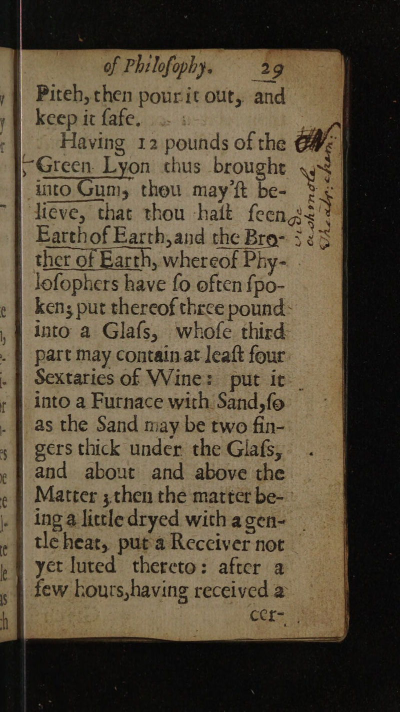                      | of Phrlofophy. 29 » } Piteh,then pourit out, and yf keepicfafe. .. : at +} . Having 12 pounds of the owe } | Green. Lyon thus broughe ys | into Gum, theu may’ft be- &amp; $ | | dieve, that thou hait feenge'? | | Earthof Earth,and the Bro- 5 23 ther of Earth, whereof Phy- Jofophers have fo often fpo- ken; put thereof three pound: , 4 into a Glafs, whofe third . | part may containat leaft four . | Sextaries of Wine: put it into a Furnace with Sand,fo . | as the Sand may be two fin- 5) gers thick under the Glafs, «| and about and above the Matter ;then the matter be- |. | inga hetledryed with agen- «} tleheat, puta Receiver not | yet luted thereto: after a | few hours,having received @ h | | GELS; 