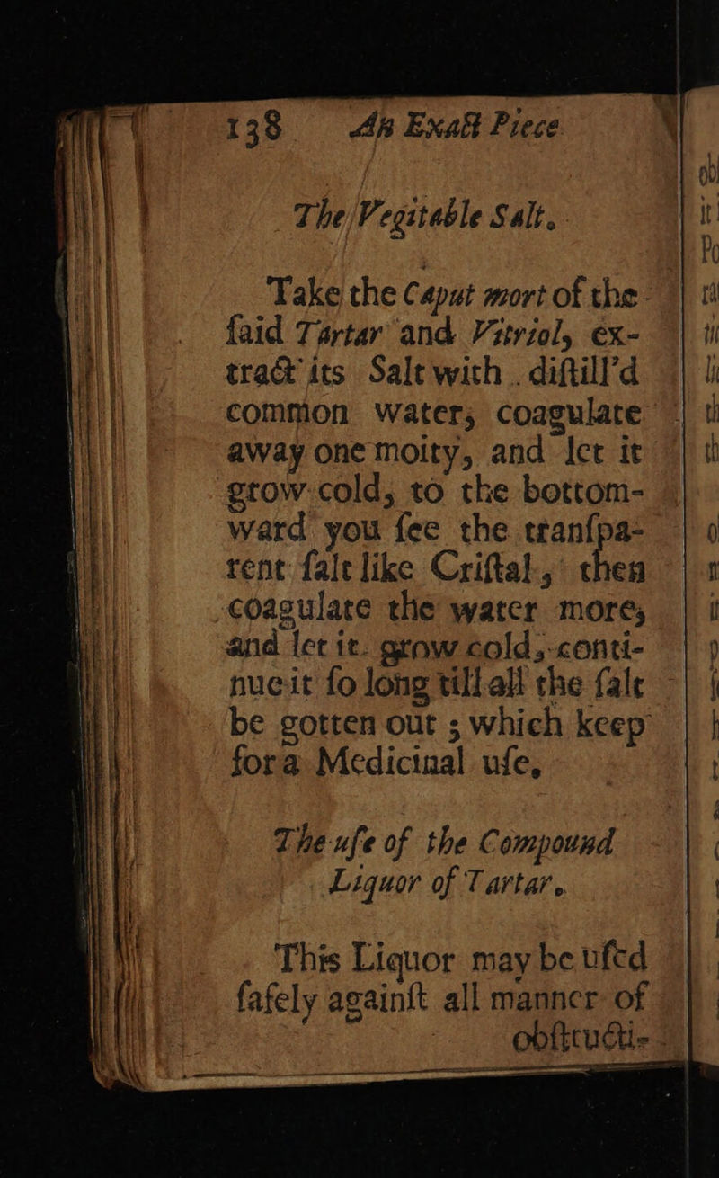 Take the Caput mort of the: faid Tartar and Vitriol) ex- trad its Sale with . diftill’d common water, coagulate - away one moity, and Ict it grow cold, to the bottom- ward you fee the tran{pa- rent fale like Criftal., thea coagulate the water more; and let it. graw cold,-conti- nueit fo long tillall the fale be gotten out ; which keep fora Medicinal ufe, The ufe of the Compound Liquor of Tartar. This Liquor may be uftd fafely again{t all manncr of se ahaa 