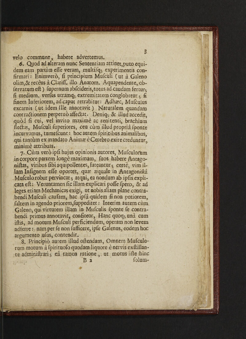 velo commune, habere advertemus. 6. Quod ad alteram nunc Sententiam attinet,puto equi¬ dem eam partim efle veram, multxfq-, experimentis con¬ firmari : Enimvero, fi principium Mufculi (ut a Galeno olim,& recens a ClarifT. illo Anatom. Aqu3pendente, ob- fervatumeft) fupernum abfcideris,totus ad caudam fertur* fi medium, verfus utramq-, extremitatem conglobatur • fi finem Inferiorem, ad caput retrahitur: Adhaec, Mufculus excarnis (ut idem Ille annotavit) Naturalem quandam contradtionem perpetuo affe&at. Deniq* & illud accedit, quod fi cui, vel invito maxime ac renitenti, brachium fledtas, Mufculi fuperiores, ceu ciim illud propria fponte incurvamus, tumefcunc: hoc autem fpiritibus animalibus, qui tantum ex mandato Anima? eCerebro exire creduntur, minime attribuas. 7. ,Cum vero ipfi hujus opinionis autores, Mufculorum in corpore partem longe maximam, fuos habere Antago- niftas, viribus fibi aquipollentes, fateantur* certe, vim il¬ lam Infignem effe oportet, quae aquale in Antagonifta Mufculo robur pervincat * atqui, ea nondum ab ipfis expli¬ cata ell: Veruntamen fic illam explicari pofie fpero, &ad leges etiam Mechanicas exigi, ut nobis aliam plane contra¬ hendi Mufculi caufam, hac ipfa quidem fi non potiorem, faltem in agendo priorem,fuppeditet: Interim autem ciim Galeno, qui virtutem illam in Mufculis fponte fe contra¬ hendi primus annotavit, confiteor, Hanc quoq* una cum iftis, ad motum Mufculi perficiendum, operam non levem adferre: nam per fe non fufficere, ipfe Galenus, eodem hoc argumento ufus, contendit. 8. Principio autem illud offendam, Omnem Mufculo- rum motum a fpirituofo quodam liquore e nervis exftillan- te adtniniftrari$ ea tamen ratione, ut motus ifte hinc B a folum- . *