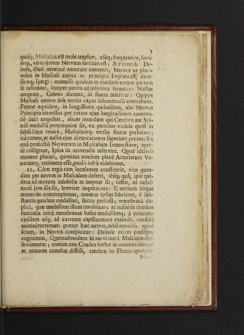 qui% Mufcujus eft mole amplior, ufuq-, frequentior, forti- orq;, eo majorem Nervum fortituseft; & e conti a. De¬ inde, illud maxime annotare convenit, Nervos ut pluri¬ mum in Mufculi capita ac principia Imp!antar!, deor- fiimq-, fpargi: nonnulli quidem in mediam eorum paitem feinnnuanr, femperautem ad inferiora feruntur: Nullus unquam , Galeno dicente, in finem inferitur: Quippe Mufculi omnes fefe verius caput folummodo contrahunt. Fateor equidem, in longiifimis quibufdam, ubi Nervus Principioimmiffus per totam ejus longitudinem commo. de duci nequibat, alium interdum qui Cerebro aut Spi¬ nali medulla propinquior fit, ex partibus vicinis quafi in fubfidium venire, Mufculumq-, verfus finem perforare-, ita tamen,ut nullae ejus divaricationes fuperiora petant. Ex qua profc&o Nervorum in Mufculum Immerfione, aper¬ te colligitur, Ipfos iis movendis infervire. Quod idcirco monere placuit, quoniam eandem plane Arteriarum Ve- narumq-, rationem effe,paulo infra videbimus. ii. Cum ergo tam luculenter conftiterit, vim quan- dam per nervos in Mufculum deferri, abfq* qua, ipfe qui- dem ad motum inhabilis ac ineptus fit5 reftar, ut cujuf- modi jam illa fic, breviter inquiramus: S: nervum itaque attentius contemplemur, omnern ipfius fabricam, e fub- ftantia quadam medullari, fucco perfafa; membrana du¬ plici, quae medullam illam involvunt 5 ac infinitis demum funiculis intra membranas hafce medul'amq-, a principio ejufdem ufq? ad extrema capillamenta cxtenlis, conflari animadvertemus: praeter haec autem, nihil omnino, quod fciam, in Nervis confpicitur: Deinde etiam paulifper cogitemus, Quemadmodum hi nervi intra Mufculosdef feminentur 5 etenim ceu Caudex herba; in minores femt -s ac minores ramulos diffiffi, tandem in Flexusrquoi