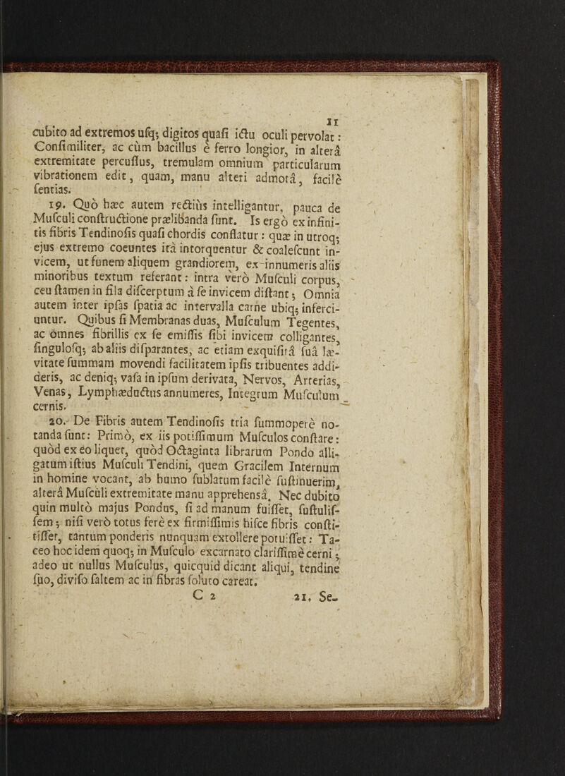 cubito ad extremos u(q; digitos quafi iflu oculi pervolat: Confimiliter, ac cum bacillus e ferro longior, in altera extremitate percuflus, tremulam omnium particularum vibrationem edit, quam, manu alteri admota, facile fentias. i9* Quo htec autem redlius intelligantur, pauca de Mufculi conftru&ione pradibanria funt. Is ergo ex infini¬ tis fibris Tendinofis quafi chordis conflatur: qux in utroq? ejus extremo coeuntes ira intorquentur &coalefcunt in¬ vicem, ut funem aliquem grandiorem, erHnnumeris aliis minoribus textum referant: intra vero Mufculi corpus, ceu flamen in fila difcerptum a fe invicem diftant; Omnia autem inter ipfas fpatia ac intervalla carne ubiq; inferci¬ untur. Quibus fi Membranas duas, Mufculum Tegentes, ac omnes fibrillis ex fe emiflis fibi invicem colligantes' fingulofq-, ab aliis difparantes, ac etiam exquifira fua le¬ vitate fummam movendi facilitatem ipfis tribuentes addi¬ deris, ac deniq; vafa in ipfum derivata, Nervos, Arterias, - Venas, Lympheduftusannumeres, Integrum Mufculum cernis. 20. De Fibris autem Tendinofis tria fummopere no¬ tanda funt: Primo, ex iispotiflimum Mufculos conflare : quod ex eo liquer, quod Odlaginta librarum Pondo allii gatumiftius Mufculi Tendini, quem Gracilem Internum in homine vocant, ab humo fublatumfacile fuftinuerim, altera Mufculi extremitate manu apprehensa. Nec dubito quin multo majus Pondus, fi ad manum fuiflet, fuftulif- fem; nifi ver6 totus fere ex firmiflimis hifce fibris confti- t i fler, tantum ponderis nunquam extollere potuiflet: Ta¬ ceo hoc idem quoq-, in Mufculo excarnato clariffime cerni; adeo ut nullus Mufculus, quicquid dicant aliqui, tendine fuo, divifo faltem ac in fibras foiuco careat.