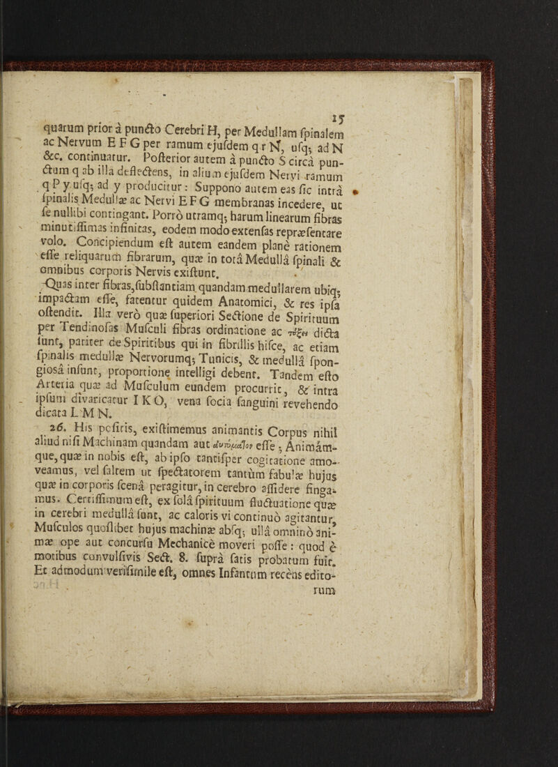 ' ' • • . 1 S - ' jr quarum prior a pundo Cerebri H, per Medullam fpinalcm ac Nervum E F G per ramum ejufdem q r N, ufq, ad N &c. continuatur. Pofterior autem a pundo S circd pun¬ ctum q ab illa utfledens, in alium ejufdem Neryi ramum q P y ufq; ad y producitur: Suppono autem eas fic intra ipinata Medulla? ac Nervi E F G membranas incedere uc ie nullibi contingant. Porro utramq-, harum linearum fibras minutiffimas infinitas, eodem modoextenfas reprtefentare volo. Concipiendum eft autem eandem plane rationem ' efie reliquarum fibrarum, qua? in tota Medulla fpinali & omnibus corporis Nervis exiftunt. -Qu3s inter fibras,fubflantiarnquandam medullarem ubiq- impadam efie, fatentur quidem Anatomici, & res ipfa’ oftendit. Illa vero qua fuperiori Sedione de Spirituum per Tendmofas Mufculi fibras ordinatione ac dida lunt, pariter de Spiritibus qui in fibrillis hifce, ac etiam fpmahs medullte Nervorumq, Tunicis, & medulla fpon- giosa tnfunt, proportione intelligi debent. Tandem efto Arteria qua? ad Muiculum eundem procurrit & intra iplum divaricatur I K O, vena focia fanguini revehendo dicata LM N. 26. His pcfitis, exifiimemus animantis Corpus nihil aliud rufi Machinam quandam aut duiD^alov cfig . Animam¬ que, qua? in nobis eft, abipfo tantilper cogitatione amo¬ veamus, vel faltem ut (pedatorem tantum fabula hujus qute in corporis fcena peragitur, in cerebro affidere finga*. mus. Certilfimumeft, exfolafpirituum fludu3tione quts in cerebri medulla funt, ac caloris vi continuo agitantur Mufculos quoflibet hujus machina? abfq; ulla omnino ani- ma? ope aut concurfu Mechanice moveri pofle : quod e motibus convulfivis Sed. 8. fupra fatis probatum fuir. Et admodum verifirnile eft, omnes Infantum recens edito- • runa I -j I I. ■!