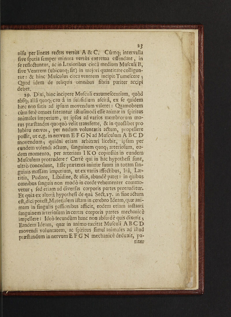 nlfu per lineas redas versus A & C. Cumq; intervalla five fpatia femper minora versus exrrema offendant, in fe refleduntur, ac in Laxioribus circa medium Mufculi B, five Ventrem (ubicunq-,fit) in majori quantitate colligun¬ tur: & hinc Mufculus circa ventrem incipit Tumelcere 5 Quod idem de reliquis omnibus fibris pariter accipi debet. 29. Dixi, hinc incipere Mufculi extumefcentiam, quod abfq-, aliaquoq-, cau a in fu./fidium afcita, ex fe quidem htecnop fatis ad ipfum movendum valeret: Quamobrem cum fere omnes fateantur ifliufmodieffe animat in fpiritus animales imperium, ut ipfos ad varios membrorum mo¬ tus proflandos quoquo velit transferre, & in quoflibet pro lubitu nervos, per nudum voluntatis adum, propellere poflrt, ut e.g. in Bervum E F G N ad Mufculum ABCB mpvendum; quidni etiam arbitrari licebit, ipfam per eundem volendi adum* fanguinem quoq-? arteriofum, eo¬ dem momento, per arteriam IKO eopiofiitsin eundem Mufculum protrudere? Certe qui in hachypothefi funt, ultro concedunt, Efie pratterea animat fuum in totam fan- guinismaffam imperium, ut ex variis affedibus, Ira, Lat* titia, Pudore, Libidine, & aliis, abundi patet: in quibus omnibus fanguis non modo in corde vehementer commo¬ vetur; fed etiam ad diverfas corporis partes protruditur. Et quia ex altera hypothefi de qua Sed.27. in fine3dum eft,dici poteft,Materialem illam in cerebro Ideam,quat ani¬ mam in fingulis paffionibus afficit, eodem etiam inflanti fanguinem arteriofum in certas corporis partes mechanice impellere: Ideo (ecundum hanc non abfurde quis dixerit; Eandem Ideam, quat in animo excitat Mufculi ABC D movendi voluntatem, ac fpiritus fimul animales ad illud proflandum innervumEFGN mechanice deduxit, pa¬ riter- / / :!