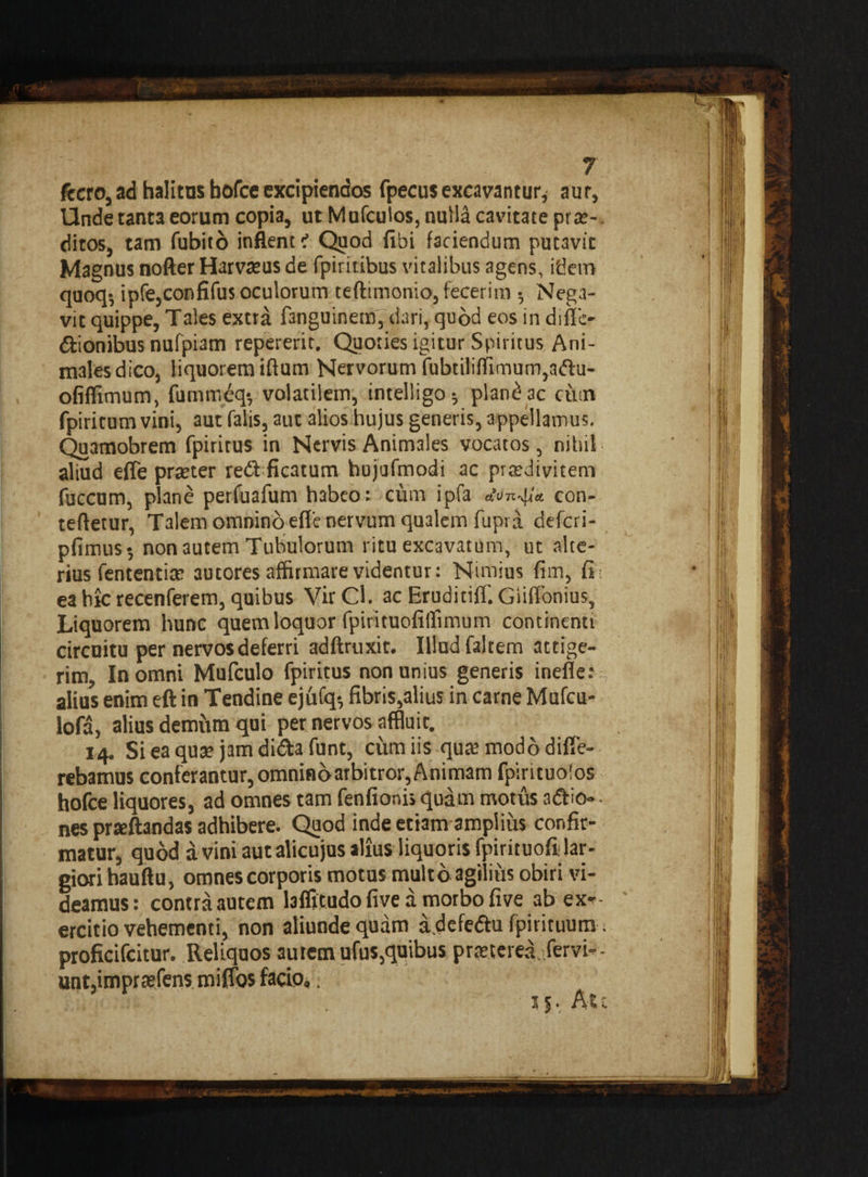 fcero,ad halitus bofce excipiendos fpecusexcavantur, aur, Unde tanta eorum copia, ut Mufculos, nulla cavitate prae¬ ditos, tam Cubito inflent i Quod fibi faciendum putavit Magnus nofter Hatvaeus de fpiritibus vitalibus agens, idem quoq-, ipfe,confifus oculorum teftimonio, fecerim 5 Nega¬ vit quippe, Tales extra fanguinem, dari, quod eos m diflc- ftionibus nufpiam repererit. Quoties igitur Spiritus Ani¬ males dico, liquorem iftum Nervorum fubtililfimum,aftu- ofiffimum, fummeq-, volatilem, intelligo 5, plancae cusn fpiritum vini, aut falis, aut alios hujus generis, appellamus. Quamobrem fpiritus in Nervis Animales vocatos, nihil aliud effe prarter red ficatum hujufmodi ac prredivitem fuccum, plane perfuafum habeo: cum ipfa Mn-#* con- teftetur, Talem omnino effe nervum qualem Cupra, deferi- pfimus; non autem Tubulorum ritu excavatum, ut alte¬ rius fententiat autores affirmare videntur: Nimius fim, fi: ea hic recenferem, quibus VirCl. ac Eruditiff. Gliffonius, Liquorem hunc quem loquor fpirituofilfimum continenti circuitu per nervos deferri adftruxit. Illud faltem attige¬ rim, In omni Mufculo fpiritus non unius generis inefle.* alius enim eft in Tendine ejufq-, fibris,alius in carne Mufcu- lofa, alius demiim qui pet nervos affluit. 14. Si ea quae jam dida Cunt, cum iis qure modo diffe¬ rebamus conferantur, omnino arbitror, Animam fpirituolos hofce liquores, ad omnes tam fenfionis quam motus a&io* • nes prteftandas adhibere. Quod inde etiam amplius confir¬ matur, quod a vini autalicujus alius liquoris fpirituofi lar¬ giori hauftu, omnes corporis motus multo agilius obiri vi¬ deamus: contra autem lafficudo five a morbo five ab ex¬ ercitio vehementi, non aliunde quam a.defedfu Cpirituum 1 proficifcitur. Reliquos autem ufus,quibus praeterea., fervi-- unt.impraefens miffos facio,. 15., Mt