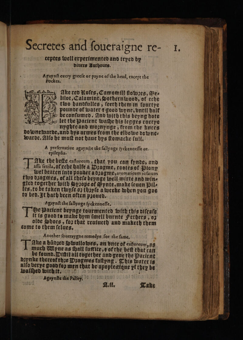 Secretes and foueraigne re- ceptes well experimented and trped by divers Authours. Agaynft eucry greefe or payne of the head, except the Pockes. A preferuatiue agaynſte the fallynge fyckennefTe or epilepſia. Tanke the beffe caftoreum, that pou. can fonde; and J alla fetida, of eche halfe a Dꝛagme, rootes of Ptonp wel beaten into pouder a dzagme, aromaticum rofatum two dꝛagmes, of all theſe bepnge well mixte and mins gled together with Sprope of Pynte, make ſeuen Pil⸗ les, to be taken twyſe o2 thzyſe a werke when pon goe to bed. It bath been often pzoued. A gaynſt the fallynge ſyckenneſſe. Tee Pacfent beynge tourmented with this difcafe ft is good te make hym (mell burnte F ethers, oz olde Shoes, fo2 that reuiueth and maketh them tome to them ſelues. Another ſoueraygne remedye for the fame, T Ake a hũdzed Swallowes, an vnce of cattoreum, ag | much Mpne as Hall ſuffite, x ot the beſt that can LI be found. Diftitalltogether and geue the Pactent È | apne 2 2275 ae ira farteng ‘ 717 mater 18 Allo derpe good fo men that be apopleciqne pt they be waſſhed with it. aka ge N 5 | | Agaynſte the Palſey. ö aff, Take