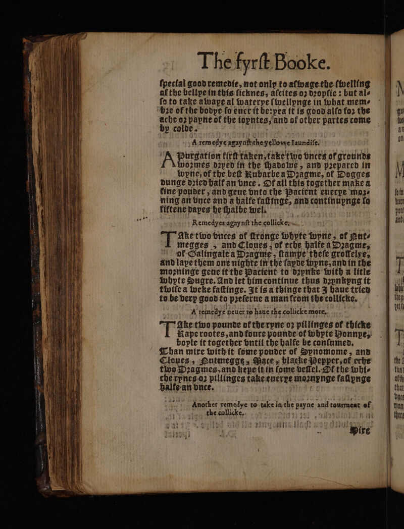 fpecfal good remedie, not only to aſwage the (welling at the bellpe in this ſicknes, aſcites 02 dꝛopſie: but ale fo to take awape al waterye ſwellpnge in what meme be of the bodpe fo euer it be:pea ft is good alſo fo. the by colde. Menti | + A remedyeagaynitthe yellowe laundiſe. ‘A Purgatlon fitt taken, take two bntes of grounds Wo2mes dꝛped in the chadowe, and pꝛepared in wpne, of the bef Kubarbe a Dꝛagme, of Dogges dunge dꝛied halk an vbnce. Df all this together make a Cine pouder, and geue vnto the Pactent cuerpe moz⸗ ning an duce and a halte faſtinge, and continupnge fo kiktene dapes he fhalbe wel. N È pu Remedyes.agaynft the collicke: dh Ake two vntes of ſtronge Whyte wyne, of Pate 1 megges , and Cloues; of eche balfe a Dꝛagme, dk Galingale a Dꝛagme, ſtampe theſe grollelpe, and lape them one nighte in the ſayde wyne, and in the moꝛninge gene it the Parfent to vipnke with a litte whpte Sugre. And let him continue thus dꝛynkyng it tloiſe a weke faſtinge. It is a thinge that 3 haue tried to be berp good to pʒeſerue a man from the collicke. A remedye neuer to haue the collicke more.. TE two pounde of the ryne oꝛ pillinges of thicke Kape rootes, and foure pounde of whpte Ponnpe, bople it together vntil the balfe be conſumed. Than mire with it ſome pouder of Spnomome, and Cloues., Putmegge, Mace, blacke Pepper, of erbe two Pꝛagmes, and kepe it in (ome veel. DE the whi⸗ cherpnes-o2 pillinges take euerre moznpnge fange halte an vnte. the collicke, he Greed dada 4 411 1 à PEU Lab ue Pier ee — im or ie — — — —