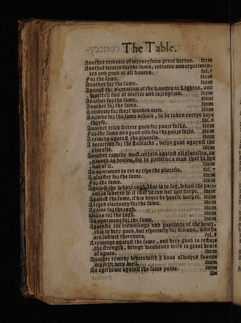 anofià yeinente ok merneplons great vertue. idem Anothet ſecrete fozthe fame, tettaine and experimen⸗ ted and good at all hoͤures. fol. 5 02 the fame. idem Another koꝛ the ſame. idem Againſt the vlceration of the Lunges 02 achtes; and Bpittell fuil of matter and eie ni idem Angtber forthe ſamm̃ ap | idem Anot ber fo the fame. he YR idem Aremedie fo2 hort winded men. idem te. fo&gt; the ſame diſeaſe , ta be taken Serre e p | der tried fecrete good koꝛ pooꝛe tolke. „ ADEN Forthe fame and good alſo (03 the pooze forte. idem Aremedpagainſt the plureſſe. - idem q A HT fo2 the! ſtomacke, verpe geod agagnt ibe ureſie. Ghotber remedy maft tertäln againtt slidlubstiee, aa of paguepas denne, fo), to peeleruca man that bs dy not ok it. È fata dapentment forotozripetbe Pine | fol.7 ; platter fo3 the git Adem Foz the fame. idem Ag ad 14 06e whote ca hat {s to tat bad the pacts sh 8 (overed Ww it f Ge can not mel leepe. idem J nd the fame, it his voyte be hoarſe wle idem Atrped electuarp fo2 the fame, osa ipa RON Againe fog the cg idem Alles 102 the tog. f „idem nopatment-foz ( tho fame, idem again nite the frechblingke and fett of the heart, this is very good, but efpectal pro; Women, nge are fublect therevnts. fol. 8 A remedpe againſt the fame, and be tp good to reſtoze -theftrengt), beinge weakened with tp great beate snot remedp twoberebölth 3 baue altoapes, founde “i LUS Add the! tame palne. 1 se 3 » =&gt; &gt; Bs = P dex pro È va Oo | IO I)... ae 2 7 Et dada Cole