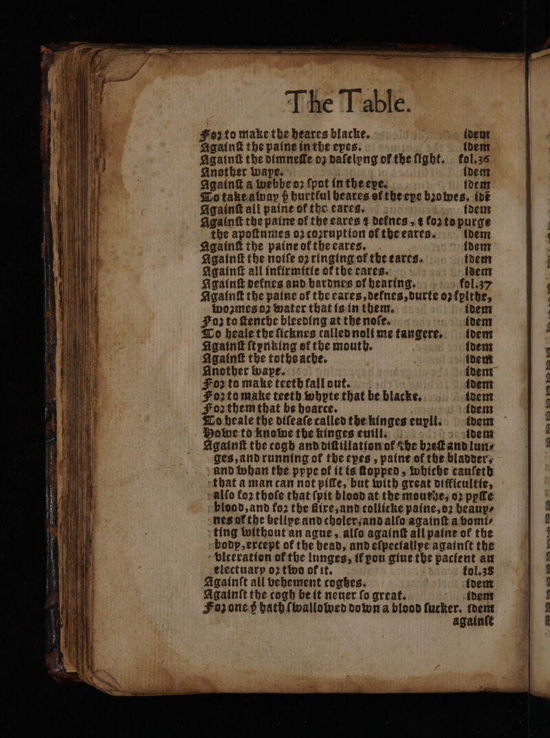 Agatnî the oimneffe oz daſelyng of the fight, | fol.36 Another wape. idem Againſt a webbe oꝛ ſpot in the eve. idem To take away p hurtkul heares et the eye bꝛowes. ide Againſt ail paine ot the eares. idem Againſt the paine of the cares ¢ defnes, ¢ foztopurge the apoſtumes o2 coꝛruption of the eares. idem Againſt the paine ok the eares. idem Againſt the noffe oz ringing orf theeares. tdem Againſt all infirmitie ot tbe cares. | (dem Againſt deknes and bardnes of hearing. kol. 37 Againſt the paine of the cares, defnes, durte oz kplthe, wozmes oz water that is in them, idem Foz to ſtenche bleeding at the noſe. idem To heale the ſicknes talled noli me tangere idem Againſt ſtynking ef the mouth. idem Again the toths ache. ; | idem Another wape. | {dent For ta make teeth fall out. : ident Foz to make teeth Whyte that be blacke.. . idem Forthemthat be boarce. {bem Howe to knowe the kinges euill. idem Againſt the cogh and diſtillation of «be bꝛeſt and lun⸗ ges, and running ok the epes, paine of the bladder, and whan the pppe of it is ſtopped, whiche caufetb that a man can not piffe, but with great difficultte, Alſo for thoſe that {pit blood at the mouthe, oꝛ pple blood, and fo: the flire, and collicke paine, oꝛ beaup⸗ nes ol the belipe and choler, and alſo againſt a vomi⸗ ting without an ague, alſo againſt all paine of the bodp, except of the bead, and eſpeciallpe againſt the vlteration of the lunges, if pou gine the pacfent an electuarp oz two of it. kol. 38 Againſt all vehement cogbes. idem Againſt the cogh be it neuer fo great. idem Foz one 5 bath ſwallowed down a blood fucker. qe again rà BO 29) EO ten 223 32 ED BAR, se : 2 em À D 299 mt pes 129 FA ponée PO Be