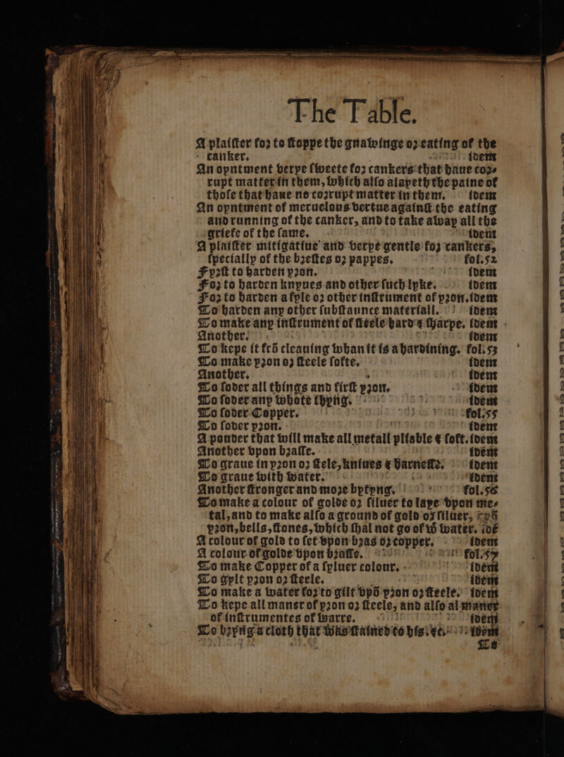 22 gares ~ Ni 4 — i POR LI NOEL — A af 2 The Table. A cab fo2 to ſtoppe the gnawinge o: eating 25 aie tanker. An opntment verpe tweete for tankers that bags dol rapt matter in them, lwohich allo alapetbtbepatne of thofe that haue ns toꝛrupt matter in them. idem An opntment of meruelous vertue againſt the eating and running of the canker, and to take away i 1 griete ot the ſfame. a plaiſter mitigatiue and verpe gentle f03 carie fpecialip of the bꝛeſtes 02 pappes. fol.s2 Fyp2tt to harden pron. Adem Foz to harden knpues and other ſuch lpRpʒe. idem og to harden afple oꝛ other inſtrument of pꝛon.idem To harden any other (ubftaunce materiall. idem To make any inſtrument of ſteele bard e Harpe. —— Another. To kepe ft tro cleauing han it is a hardining. fol.53 To make pꝛon oz Keele fofte, ident To ſoder all things and kirſt ꝛꝛ0n. idem To ſoder anp whote pong. TS Adem To (oder Copper. | 5 295 — To ſover pꝛon. A ponder that will make all metall pliable € bott. idem Another bpon b2alle. lde To graue in pꝛon o2 ſtele, kniues &amp; Garnet: | To graue with water. Another ſtronger and moze bytyng. To make a colour of golde 02 ſiluer to lape bpon mes tal, and to make allo a groundofgaldb'orfiluer, 196 vꝛon, bells, ſtones, which hal not go of water. ioe A colour of gold to (et Bpon boas 02 copper. idem A colour ot golde vpon bꝛaſſe. kol. 5 To make Copper of a ſpluer colon. idem Lo make a water fo2'to gilt bpd pion oz ſteele. idem To kepe all manst of pꝛon 02 ſteele, and alſo al pe ofinitrumentes ok warre. eu r erer rr ss. pre oe