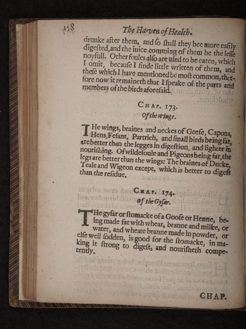 Mi v The Hawn cf Health* dieeft^andlh' — ftsIi they bee more eafily LT^C?^1 belittle written of them and members ofthe birds aforefaid.  parts and r • •* J r Ch a p- 173' „ Qftfawfogs, T wings, braines andneckesoFGeeff* r-mnn arebertc;fhfanti, I?3rtrich’ and/mall birds being&amp;r nourhldng!,ofwpd^oySjg^?p?lon' legs are better rhanrhi- ^•£,gF0D.s bein8 tat, the Teaieand Wigeon excra^M h6-^™*5 of Dacfce* than the refidue. P 5 h h “ bet‘er » digeft Chap. 174, M ■ • r ■ He gyfir or ftomacke ofa Goofe or Rm.. t mgmade fat with wheat, branLL^!?£ be* bng it ftrong to ®a- tentiy. CHAP.