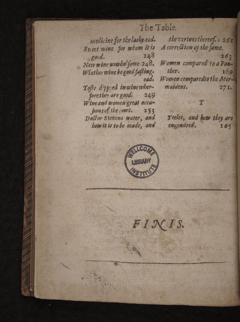 7- 7 he Table. '« . r mdic'm forth tasked. the vertmt hereof $ 261 Speet mm for whom it u A comUion&f the fame, good, 248 New wine unwho-fbme 248, Women compared toaVau- Whether wim be goodfafting* they. 169 ead. Worn* comparedto the Med ■ maidem. 271 tofts fore the* are good* 249 Wine and women great occa» Jtonsofth i&wt. 253 Do&or Stevens water, and hew it it to be made^ and Yeekt, and how they are emgcttdred, 16^ ki V ,jr. ? vi -V 7 % / • ** * f4: