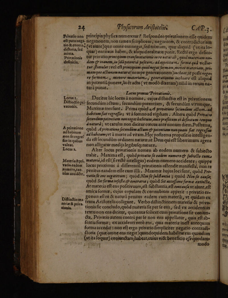 - - —  » - —  : m 3 E T — — » -—. —- x am  x Á » *- n - r* ^ mcn P c E. ! E uE- - —— P » L- — c e —— € XU EIE uu - — pads t ÀÀ ^ AR uro a RR S ai IC re irri AERE o 2 d aie m - -— w—— MA, Lal Eee A m e a RAT N ; ;- -— E e E —— ——- em. a Mopispm — € Em nues: EE - - - XU CURA EAT TL AD Up rE — LT Fe Es E 24. Pbyficorum Ariflotelin Pivationon principia phyfica numeretur? Refpondeoprivationem effe quidem ett pura nega. negationem,non tamen fiimplicem y negantem, &amp; contradictoriam tio &amp; contra. (vtaiunt)quz omne ensnegat,fed mixtam, que aliquid. ( vtitalo- iie as quar) entitatis habet; &amp; aliquid realitatis ponit, Re&amp;té ergo defini- Trivationis UE privatio privcipimm tran(mintationis va ve naturali , quod materiam nu- deüniio, ^— dams dr inanem, in folápotentid pofitam.» a4 appetituvp form quá vellia- | tur [Henulat vel eft principium quod negat formam movet trateriam, pri- , mamque achionensmatur4( nempe generationem)echeat;at pofle vega re forinam.s , movere materiam , goueratignem inchoare e(t aliquid in potentis ponere,licét actu ( vt modó dixeram) nihil in rerum na- turà ponat, | Locis prima CPrivationts, | Locus r, Ducitur biclocus à nomine ; cujus diflin&amp;tio eft in privationem Diftinéiio pri- fecundüm actum , fecundüm potentiam, &amp; fecundüm vtrumque, vswÓU* — Maximztresfunt, Prima quód &amp;/4 privatiove [ecumdiim atium ad babitum fiat vegreffios: Xt Àfomnoad vigiliam .. Altera quód Privaito fecundum potentiam non weg et babitum,ante prafixum et definitum tempua énaturá; vt catulus non dicitur coecus ante nonum diem.Poflrema, * JNpersne quód privatione fecundi aElum ci» potentiam nunquam fiat regre[fus Bon ir éceret ad babitum;vt à morte ad vitam.Hec poflrema propofitio intelligen». fusinquibgs dà cft iecundüm ordinem naturz;at Deus qui eftliberrimum a gens valeat, non allieatur medijs legibufq: natura, Locu: a, Alter locus privationis nomen ab eodem numero &amp; fubie&amp;to trahit, Maxima eft, quód privatio [it eadem numero c* (ubieHo cum Materia &amp;pri. t/ateríá;id cft(fire&amp;é intelligas) eadem numero accidente; quippe vatiocadem locus proximus à differentiá privationis oftendit manife(lé, non re *.mcroun-. penituseandem effe cumillà, Maxima hujusloci funt, quód Pré» tüm accidéte, oer eps negatiuum; quod Non (it [ubflautia 5 quód. Ios fit caufa; quód 5r forme infeffa ef contraria ; quód Si? acceffioue forme extintla, At materia efl ens pofitivuum,eft fubflantia,efl corcap/a vt aiunt,eft amica formz , cujus copulam &amp; connubium appetit : privatio er- Diftin&amp;io m, 59192 eítre &amp; naturá penitus eadem cum materià , vt. quidam ex Prep vira. textu Ariftoteliscollisunt, Verbo diftin&amp;ionem materiz &amp; priva tioniei - tionisfic concludo,quód materia fit pet fe ens , fed ex accidentiin textunon ens dicitur, quatenus fcilicet cum privatione fit:coniune Gta, Privatio áutem contrà per fe non ens appellatur, quia 'eftab- fentia forma ; ex accidenti veró ens , quia materiz ineft antequam formaaccedat : non eft ergo privatio fimpliciter negatio :contradi- ,'; €oria (qua omne ens negat)quandoquidem:habilitatem quatdam : Kvtitaloquar) coniunctam habeat;cuius vi&amp; beneficio efe ; a2