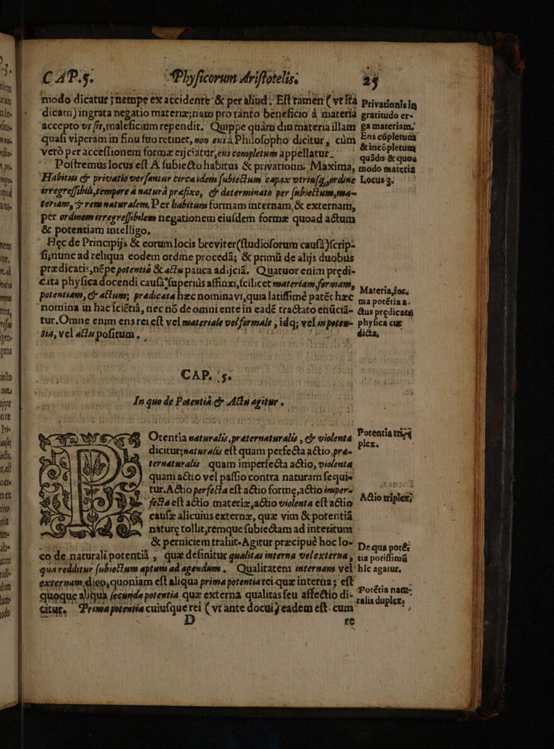 Ww, tj hun n ini, pens ilo titu In fe «i ji, td Ole ua rye y (Ite ib. jan die jm |uty plo £4 1». EM iE EM € AP. APbyficorum driflotelis, 24 modo dicatur ; nempe ex accidente &amp; per alid Eft tamen ( vt Ifà puivagogt, ia dicata) ingrata negatio materiz;nap; pro tánto beneficio à materi gratitudo er- quafi viperamin finu füo retinet, oz essa Philofopho dicitur, cüm ip Wh vetó per accefTionem forma ejjciatur,ess completum appellatur. — quádo &amp; rm Poftremüslocus eft A fubie&amp;o habitus &amp; privationis. Maxima, modo materia Habitus ciy privatio ver[auaur circaidem (ubietlum capax vtrin[gordime Locusg. érregre[fibili tempere 4 waturá prefixo, cf determinato per [(nbiePlum,ma- geriam, rem naturalem, Per babitum tormam internam,&amp; externam, per ordmem irregreffidem negationem ciu(dem forme quoad a&amp;um &amp; potentiam intelligo, ' | L idi Hec de Principijs &amp; eorum locis breviter(ftudioforum caufa )fcrip- fijnunc ad reliqua eodem ordine procedá; &amp; primü de alijs duobus pra-dicatis,népe porentiá Gc actu pauca ddijcia. Quatuor eriim predi- €atà phyfica docendi caufa 'fuperiüs affinxi fcilicet materiam foream, TAPAIPRNEME potentiam, - alum; pradicata hzc nominavi,quia latiffimé patét hzc ,,. potét nd nomina in hacíciétià, nec nó de omni ente in eadé tractato ehücià- àus prcdicaca tur, Omne enim ensreieft vel materiale velformale , idq; velispetem- phyficacug dia, velaHupofitum, ^ — Me Ut AU aet dida CAP, 's. In que de Potentia c .A01u agitur Otentia uaturalis preternaturalis , ch» violenta ie Uit dicitur;sazura/z elt quam perfectaactio,pre- ^ terndturalis. quam imperfecta actio, violenta quam acto vel paffio contra naturam fequie tur. Actio perfetta eft aCtio forme,aCtio imper- feda cit a&amp;tio materiz,aGtio violenta eft aGio caufz alicuius externz, quz vim S potentiá nature tollit. remquefubiectam ad interitum &amp; perniciemtrahit-Agitur precipue hoc lo- Aio triplex; De qua pot&amp; qua redditur (ubieEium aptum ad agendum ,.— Qualitatem imtermags vel hic agatur, Potétia namu- ralis duplex: - CHUf. situs t ( vtante docui eadem eí(t- cum Cut. | « ui j cat 