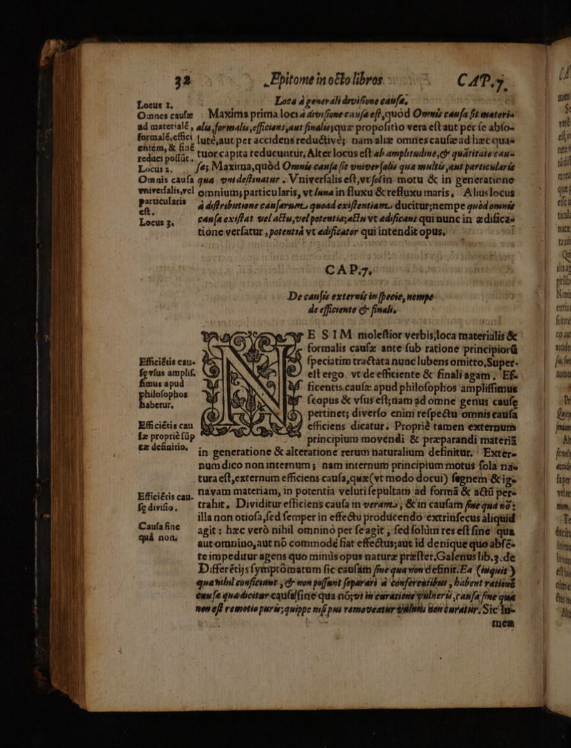 Loser. — Loca 4 generali droifione caufa, O:nescaute | Maxima prima locia droifione casfe eff quod Ovmi caufa ft materia ad material , alas formalis,cfficiensaut finalttsqua: propofitio vera eft aut per (c abío- for malé;effici luté,aut per accidens reductivé; nam aliz omnescaufacad lizcquas Meter tuor capita reducuntur, Alter locus eft ab amphtudme,c quatitate caus Locs2, . /e; Maxima,quód Orne can(a (it vniver([alta qua multis aut particularis Omais caufa qua. oni deflimatur .. V niverfalis eft,vtfolin- motu &amp; in generatione veiveralis,ecl ompium;particularis, vt /asain fluxu &amp; refluxu maris, Aliuslocus dona |^ ddifributinecan[arnon, quoad exiflentiam., duciturgnempe quód omnes Locus s — cna exiffat uel atiuyvelpotentiayatin vt edficans qui nunc in e difica» tione vetfatur , poteutrá vt edificater quiintendit opus. | Cc A P3. De cau[rs externis in becio, nempe: de effictente (5 finali, $ ESIM molefior verbisjloca materialis 8c formalis cauf ante fub ratione principiorü Efficiétis cau- fpeciatim tractata nunc lubens omitto,Super. fc v(us amplif. eit ergo. vt deefficiente &amp; finaliagsam ; Efz pts 4d ficentis.caufz apud philofophos ampliffimus feudi fcopus &amp; vfus eft; uam ad omne genus caufe À$: pertinet; diverío enim refpectu omnis caufa Efficiéiscau PE Y Wa efficiens dicatur, Proprié tamen externum [z propriéfüp 9^ 27 principium movendi &amp; preparandi materiz tz defnitio ;- generatione &amp; alteratione rerum naturalium definitur. ' Exter- numdico non internum; nam internum principium motus fola nav tura eft,externum efficiens caufa, quz (vt modo docui) fegnem &amp;ig- Effici£is cag. D2Vam materiam, in potentia velutifepultam ad forma &amp; aQü per- fzdiviio, trahit, Dividitur efficiens caufa im veram, Gin caufarn fweaua vo: illa non otiofa,fed femper in effe&amp;u producendo'extrinfecus aliquid Fasitsoe agit : hec veró nihil omnino per feagit , fed folium res eft fine à ! uL qua 34» 19^ eutomnino,aut no commode fiat effe&amp;tus;aut id denique quo abfe- tc impeditur agens quo minüsopus naturz preftet.Galenus lib.3.de D fferétijsfymptomatum fic caufátn fme qua von definit.Ea (inquit) quatiil conficit Gr won poffavt fopavari à cónferentibna , babent vatiova énv fe qua dicitar cqufalfine qua nó;vi W curatione Vulerit cah [a fme qua nen efe remotiopuris;quippe mpi vemoveatir alitis Bon Curatur, Sic lu- EU  mem tiq fat tul Qi ila gitlib entis fire YT acide fum T n fut, [mim Lj i ftw ctis ipe vele