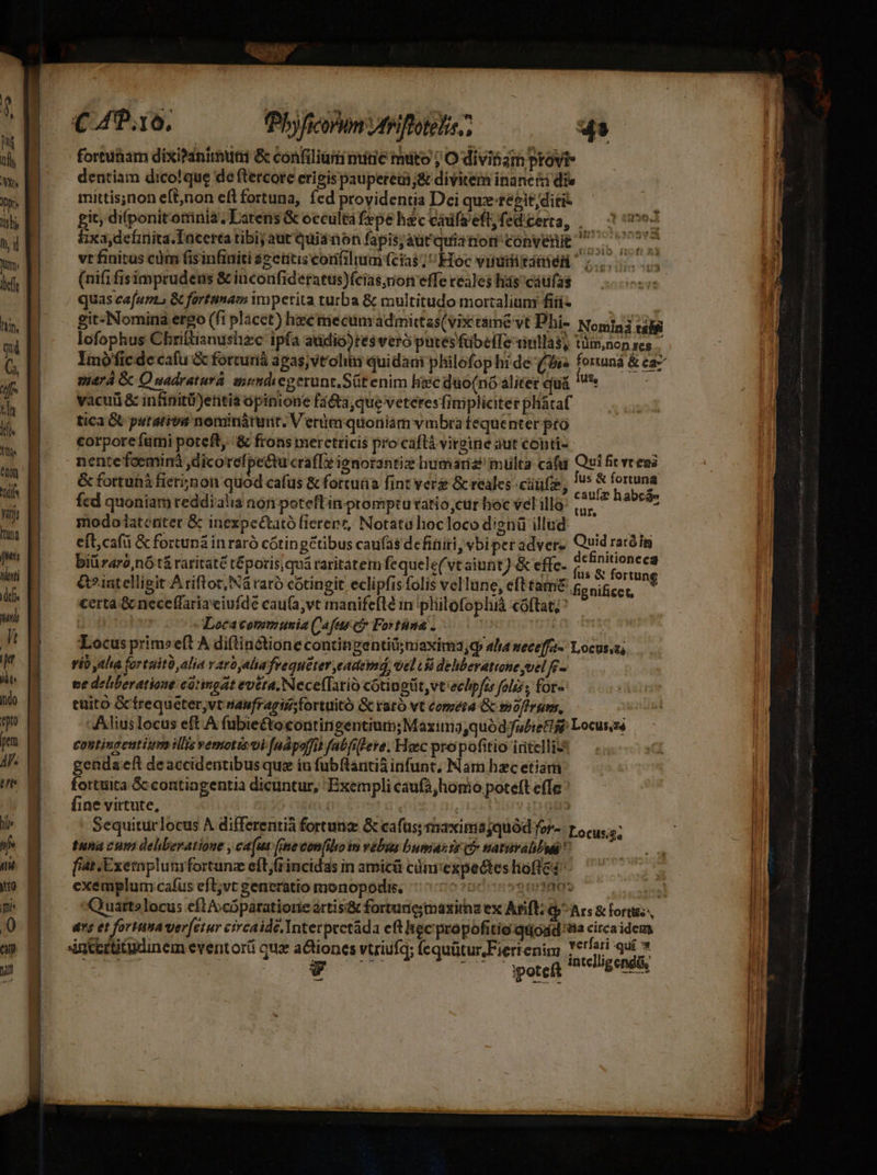 € 4.16, Phi ficonn tri hotels. 4 fortuüam dixitanimutii &amp; confiliui miti mito ; O divibam prov dentiam dico!que de ftercore erigispaupereiij&amp; divitem inane die mittis;non eft,non efl fortuna, fed providentia Dci qux eit diti- git; difponitomnia; Latens &amp; occultafepe hec cadfseftjfed'certa, ,— ^: m2 Eixa,definita.Incerta tibijaut quianon fapis; aurquianon convenit ^ — 77777 vt finitus càm fisinfiuiti apetitis corifilim fcias ; Hoc viraiitáttiél ^ ;.... (nifi fisimprudens &amp; inconfiderattis)(cias,rion effe reales hás cáufas quas cafa &amp; fortunam wnperita turba &amp; multitudo mortalium fiii- : git-Nomina ergo (fi placet) hzemecumadmittas(vix támé vt Phi- Nomia3 uli lofophus Chrittianushzc ipfa audio)res vero putes fübeTe inllas, tüm,ncp res s pará Gc Q uadraturá. emdiegerunt.Süt enim hiec duo(nó aliter quá s vacui &amp; infinitü)etitia opinione [i63,que veteres finipliciter phátaf tica Gt putativit nomináturt. V erim quoniam vmbra fequenter pto corpore fami poteft, &amp; frons merctricis pro caflá virgine àut cobti- nentefoemini ,dicorefpectu craf[e ienorantiz humarizi multa cáfu Qui fit vreas &amp; fortuná fier;non quod cafus &amp; forcua fint verge &amp; reales -cüüfze, jnd- Pros fed quoniam reddialia non poteftin promptutatio,cur boc velillo: t, ^ r9 modoatenter &amp; inexpeétató fierenz, Notatuloclocodignü illud — eft,cafti &amp; fortuna in raró cóting£tibus caufás definiri, vbi per adverz Quid raráfn biüraro,nó tá raritaté téporis;quá raritatemfequele( vt aiunt-&amp; effc- Feind &amp;?1antellisit A riftot, Ná raró cótingit eclipfis folis vellune, efttamé:.g certa &amp; neceffariaeiufde cau(a,vt manife(le in pliilofophià cóftat, ' eowontvr scc IDocacommunia Cafuret Fortüna . T ! Locus prim»e(t A diftinctione contingentiü;niaxima,g alta weceffa- Locussu; Yib ala (fortuito alia v arb alia frequeter eademá, vel Li dehbevatione uel 2 ve dehberatione cótingat evita, Neceflarió cotingüt, vt'echpfzs folus, for« tüito Gctrequeter,vt nanfragis;fortuitó G raró vt Cometa G mo[irum, Aliuslocus eft A fübie&amp;tocontingentium; Maxim2,quód fubie f Locusess contingentiym illis vemotis oi faápoffit fab fiere. Hoc propofitio initclliz* genda eft deaccidentibus quz in fubftantià infunt; Nam hzc etiam fortuita Gc contingentia dicuntur, Exempli caufà,homo poteft effe ' fine virtute, ] iT : | p oua Sequiturlocus A differenti fortunz Gc cafus; maximiagquód for- Locus;$; tuna cum deliberatione , ca(ue (ine confilio in vebus bumanis ci» naturalbpdi  fiat .Exetnplunrfortunz eft;frincidas in amicà cüm'expectes lhioflc exemplum cafus eft;vt generatio monopodis, ^ 7000060 Quattelocus eft cóparationie artis'&amp; fortune maxima ex Arift; Q Ars &amp; fortis, ars et fortnna ver[etur circaidé.Interpectáda eft hec propofitio quoad a circa idem. 1$ « fortung gnihcet, — Orisg»-rx —