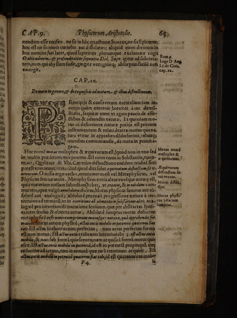 Itl It STD def tem Ie, MT fle. : rx n3 api: E ow C 4 qoo:^ byficorum trifotelis. 65;. nendum eíTe cenfeo . ne fis in hàc quxflioneStoicusne fis Epicurus; | ... hoc eft ne fis nimis curiofus. aut diffolutus; aliquid etim divinumin hoc nomine fati latet, quod lapientes | plerumque. exclamare cogit O altitudinem. c» profunditatem fapientia D, Sape. igitut ad fobrieta- iota Aux tem;nam qui abyf[umfodit, gurgite vertigineq; abforptusfacilé non Lsde Cie emergit, | ? - | €ap. Io, CAP.r10.- EIL ja ^.^ Demetuin gezerec* derequifitis ad motum. cjr illus diflintlionem, .. 2 hincipijs &caufisrerum naturalium tam. in» ternis quàm externis breviter. àme demó- (ratis , fequitur nunc vt agam paucis de. cffe Cibus & adiunctis naturz.. Et quoniam mo- tus iri definitione naturz potiüs eft primum inftrumentum & veluti dextra marius quana. .tura vtitur in apprehendédisformis, rebusq; J omnibus commutandis , de motu in primis a i | BR ; : Motiis nomé: Hoc nomé s»t 4s muluplex & zquivocum eft/quod nonin vno fed 5, plex & in multis; predicamentis ponitur.Eíl enim enimin Sub(lantiajQuán- 5 quivocuín, ^ - titate , Qualitate .& Vbi.Carerüm diflin&tioneeiuídem-traditá fieri — — poteft vmvocuim;ituxta illud quod dicifolet equimocum dilntlum fit vs SUM ,Omiffis ere i sm é ficus, .vel ?!^ nivacum, O mills ergo verbis oninismotus e(t vel Metaphyficus; Masa s i | ie ^? Motüs diflini,. quia materiam nullam fubie&tam/babet, vt ereatio, & m mbium cotn- 4.5 ns — Lad