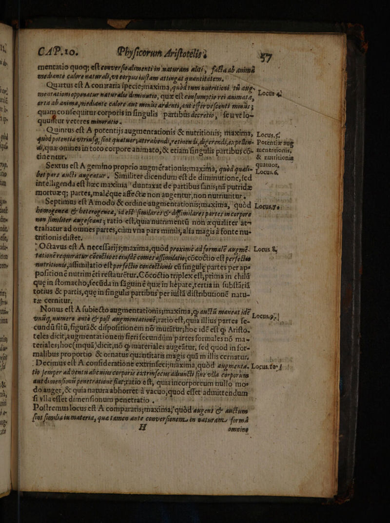 - Weste ama RI gros ue md stt s m C 40.10, Phyficorum Ariflotélirg — | $7 mentatio quoq; efteoverfoalinsrti in waturán aliti; fatla ab auitas enediente calore vaturali,ot eorpusiufHam at ihigat quantitálem. ' Quartus eft A coniraría Ipecie;maxims3 2534 rum nibritiosi t5 ait i Le: Pe ntALIOP oppamatum HaT uralis drmivutio, qux e(t con [umptie vei animaio, 000r. grtá ab aninsaymjediante calore apt vini AY denti aate ivoe[cent) mimus s quam contequitur corpotisin fingulis 'partibüs decreto; feu vtloe quuntur veteres miseratio. ^0 bb CEU fs .Quinruseft A porentijs augmentationis &amp; nuttitionis; ritdxirtis; Locus, quid potevtia Utrin[a, [fnt quatuor Vattrabendiyretioimdi digerendi,expellen- Potenti aug di;qua omnes iti toto corpore animato; etiáim firieulis pártibug có. mentztionis, à 16i 21 ) : EDITI es Ey! E » Güentur. d &amp; nutritionis H « 2 * * BA LP &amp; ,5.. Quatuor, Sextus efL A gemíno proprío augmérationis;maxita, quid quah- v ocus s Bet pars autHi augentur ,' Similitet dicendum eft de diminutione, led intelligenda eft hzc maxinia ' duntaxat de partibus finisgna putride Septimus eft Atnodo &amp; ordine dügmentationis;maxitna, quód Locus; bomogent cf betevogenea, id et Temilarer dj» ddfienilaves partes im corpore nion [militer éuze(cant ; ratio e[Ujquianütrimentü non equaliter at^ trahatur ad omnes partes;cim vna párs riinisalia maeisà fonte nu- £ritionisdiftet. : i2. enc v OM Ge afi 4 | , Octavus cft À neceffarijssmaxima, quód prekim? 42 formal? aMgzu6- Locus. &amp; tatione requiratur cocoHlioet éiu/Qe comes affimilafio; cócoctio efl perfetho metrítionis jffimilatioeftserfeHo covéstHionis ci fir gülc partes peraps pofitione nutrimétireftaurctur.Cóco&amp;tio triplex eftprimásn chilá que in ftomacho;fecüdain faguiné qux in hepate tertia in fubftaria totius &amp; partis, qe infingulispattibtis per iultá diftribution? natu- tz cernitur, : Nonus eft A fubiecto augientationissmaxitra, cy 4» 2 maveat ide unita, numera auté c5 paff angmentatioutyratio eft; quia illius partes fe- cundü fitü,figura&amp; difpofitiónem n6 thütztur;hoc idc ef q Ariflo, teles dicitaugmentationem fieri fecundüm'partesformalesnó ma» teriales;hoc(inqua)dicit;nó e» imáteriáles aupeátur, fed quod infor- malibus proportio &amp; ornatus quzntitatis maeis qua in illis cernatur; bs  Decimus elt A confideratione extrínfeci;maxima, quód «Hg Pievtd. Locus.to* tio Jemperv adoentti alit uires covpoyzs extrinfecius adhuttli [ibo vlla Córporut ' aut dizev[ioum penetrátiong Rat;ratio e(t, quia incorporeum nullo mos do'auger,&amp; quia natura abhorret vacuo;qüod effet admittendum. fi vllaeffet dimenfionum penetratio ,-. ^ t ape) Poflremuslocus cft A comparatis;maxitría; quód ases) CP Alftups fint funlia iumateria, qua tamen aute conver franca in saturams formA Locus; ]