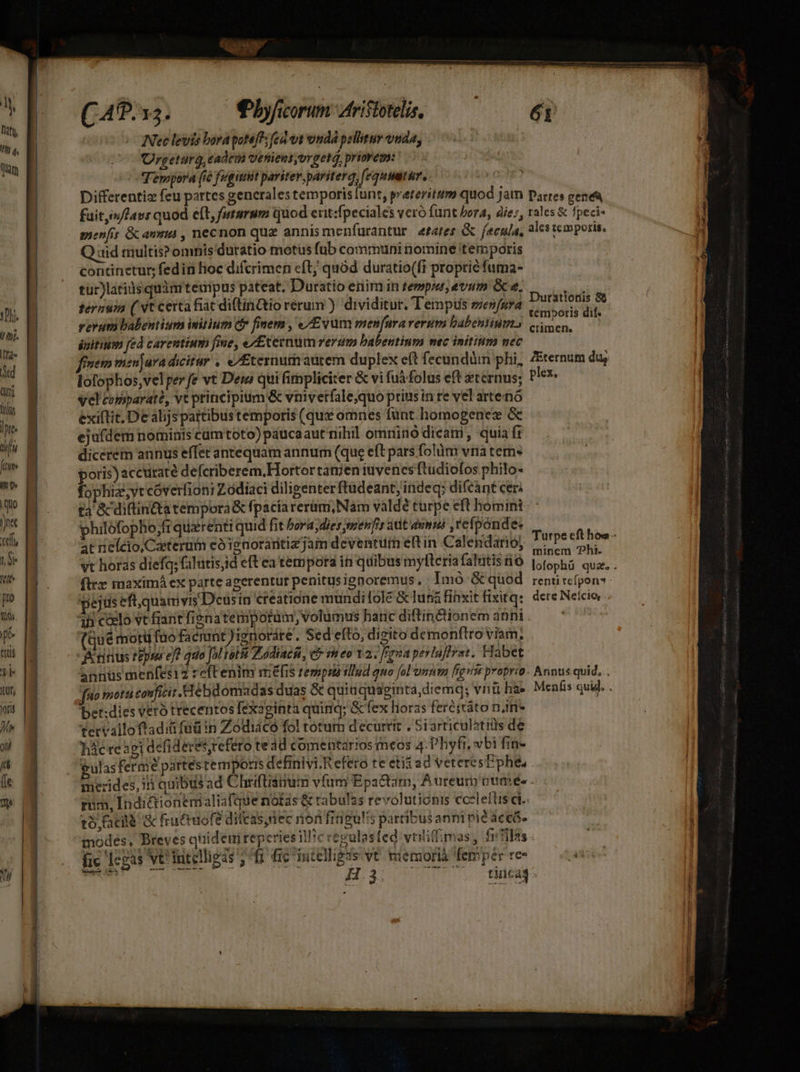 : ler Ae d Tat, ha. qm Ju uhi. jr aud V liis Intt. i s ijo inet tef MN felt [o DT pé ttis yk ILUT, Vorit Mn T 1] (le on uu - A -c— —————————À—M—— — ————————— ] ( 4.35. €byficorum Iristotelis, Nec levis bora potef'; fed vt ondá pelitur vuda, Urgetürg, eadem venient yvrgetá, priorem: | Terpora (i6 fugit pariter,paritera, [equuitur, b Differentiz feu partes generales temporis unt, preteritum quod jatn Darres gene fuit,s/Paur quod eft, fuarum quod erit:fpeciales vcró funt bora, die;, rales &amp; fpeci- menfis Gamma , necnon quz annismenfurantur. erates G fecnia, ales temporis, Q uid multis? omnis duratio motus fub communi nomine temporis condnetur fedin hoc difcrimen eft; quód duratio(fi proprie fuma- tur)latidsquàimtempus pateat. Duratio enim in tempu, evum &amp; 4. dina ternum ( vt certa fiac diftinQio rerum ) dividitur. Tempus menfura rigid e revuri babentium initium Cf finem , //Evum menfuraverum babentiumi, D initium fed caremtium fine, evEcernum rerum babentium nec initium nec » lofophos,vel per fe vt Dem qui fimpliciter &amp; vi fuáfolus eft aeternus; plex. vel topiparaté, vt principitim &amp; vnivetfale,quo prius in re vel artenó exiftit. De alijs pattibustemporis (qux omnes fünt homogenez &amp; ejufdem nominis cam toto) pauca aut nihil omríiió dicat, quia fs dicerem annus effet antequam annum (que e(t pars folüm uiia cetha poris) accurate defcriberem,Hortor tamen iuvenes ftüdiofos philo- fophiz,yrcóverfioni Zodiaci diligenter ftudeant, indeq; difcánt cer; tà &amp; diftin&amp;ta tempora &amp; fpacíarerümi,Nàm valdé turpe eft homini. ^ philofopho frquarentiquid fit borá;diez rer frrit iom refpóndes at rieício/Caterum eóignorantiz jam deventum eft in Calendario) ids bo i vt horas diefq; (alutis,id eft ea tempora in quibus myfteriafahitisió |; fophi Wer | firz maximá ex parte agerentur penitus ignoremus , - Imó &amp; quod Ioteiboe pejus eftquam vis Deusin creatione mundilole &amp; luna finxit fxitq». dere Neício, 4h coelo vt fiant fisnatemportüm, volumus hanc diftin&amp;ionem anni. — ' (que motü fuo faciunt )ignoráre. Sed efto, digito demonftro viam, Anus rese ef? qdo Jal tli Zodiacii, c eo 2. Fra perlafirat. Habet. annus menfesiz reftenim mefis remp illud qno foVunnm [gor proprio. Annus quid, . fuo motu conficit Hébdomadas duas &amp; quiaquaginta,diemq; vni hae MenÉs quid. . bet:dies veró trecentos fexaginta quinq; &amp; fex horas feréitáto n.m- tervalloftadià füü in Zodiácó fol totum decurrit , 5i articulatils de Tác re spi defideres;refero tead comentarios meos 4: Phyfi, vbi fin- £ulas fermé partestemporrs definivi.Refero te etit ad veteresEphes merides, iti quibus ad Chiftium vum Epactam, Aureum oumes rom, Indictionemialiafque nófas &amp; tabulas revolutionis cczlefus cl.. tó,(acié &amp; fruétuofé difeas,dec non finpu!is partibus anni vid accó- 5 | LI * * ^ A ^ E ad p ^ modes, Breves quidemirepceries illic cegalasfed vtitiffimas, ICI | fic Jegas Ve intelligis ; ^fi fie intelligas vt memora fempérre — e T | Hà. tincag