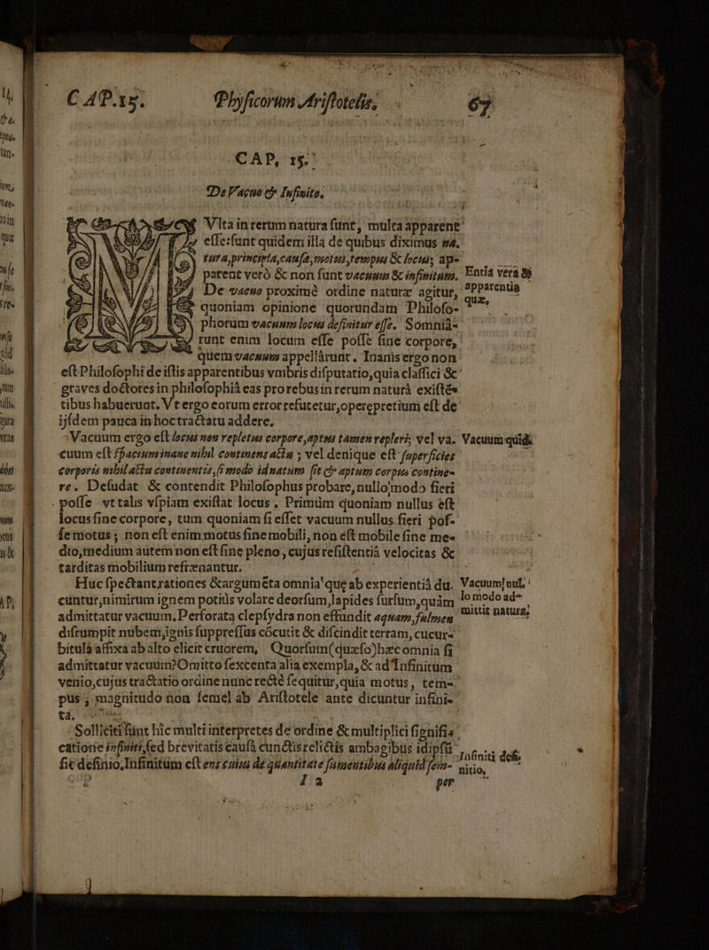 ^ lt fn. t 9 p ji td lil. Jm Wl hita jet] ti 1]X» w. ys yx LP -— C AP.15. Pbyficorm Itriflotelis, : CAP, 15. De Vacuo eb Infinito, | J parent vcró &amp; non funt vacua &amp; infinitum. 4 De vacuo proximé ordine natura agitur, 29 quoniam opinione quorundam Philofo- 2/ runt enim locum effe poffe fine corpore, quem vacuum appellárunt. Inanisergonon Entí4 vera 8. apparentia que. — ijdem pauca in hoctractatu addere. Vacuum ergo efl iocus men repletus corpore aptsn tamen repleri; vel va. corporis tibil atbu covttuentts i modo iduatum (ft ci» aptum Corptts contine- re. Defudat. &amp; contendit Philofophus probare, nullomodo fieri locusfine corpore, tum quoniam fi effet vacuum nullus.fieri pof- femotus ; non eft enimmotus fine mobili, non eft mobile (ine me- dio,medium autemnon eíl fine pleno cujus refiftentià velocitas &amp; tarditas mobilium refrzaantur, | Huc fpectantrationes &amp;argum6ta omnia'que ab experientiá du. cuntur;nimirum ignem potitis volare deorfum lapides furfum,quàm admittatur vacuum, Perforata clepfydra non effundit «gsm, falrsen bitulá affixa ab alto elicit cruorem, Quorfum(quxfo)hzcomnia fi admittatur vacuum? Omitto fexcenta alia exempla, &amp; ad'Infinitum ta, T yen o 3 j^ f M  Sollicit fünt hic multi interpretes de ordine &amp; multiplici finifis catiorie i»fiviti (ed brevitatis caufà cunctisrelictis ambagibus idipfu P E gom t Vacuum quidi lo modo ad^ mittit naturse *