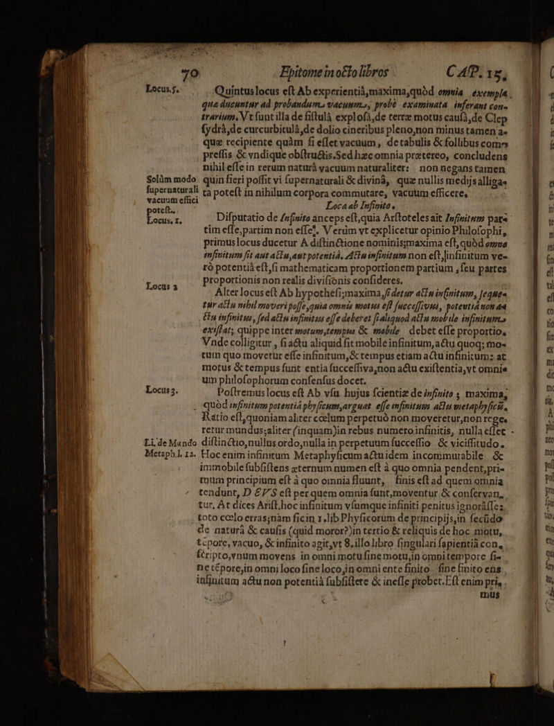 Epitome íno&amp;lo libros C AT. 15, Quintuslocus eft Ab experientiá,maxima,quód omia exempla . x . * : : $ , T qua ducuntur ad probandum. vacuum, probé. examinata. inferantcons — M d trarium, V t funtilla de fiftulà explofi,de terrz motuscauf),de Clep «M 4 fydrà,de curcurbitulà,de dolio cineribusplenojnon minustamena. — M j; . que recipiente quàm fi eflet vacuum, detabulis &amp; follibus coms b f preffis &amp; vndique ob(lru&amp;is.Sed hzc omniapretereo, concludens — | B nihil effe in rerum naturá vacuum naturaliter: | non negans tamen E Solàm modo: quin ficri poffit vi fupernatarali &amp; divinà, quz nullis medijs alliga« a fupernaturali v2 poteft in nihilum corpora commutare, vacuum efficere, TH a vacuum effici Loca ab Infinita a potet... 2 : $ j T d : : A í n ons Difputatio de /r(inita anceps eft,quia Arftotelesait Infimitum pate  tim efTe;partim non effe?. V erüm vt explicetur opinio Philofophi, Ü primuslocus ducetur À diftin&amp;ione nominis;maxima cfl, quód ome  imfiuitum fit aut aGLu aut potentid, AA7Tu infinitum non e(tinfinitum ve» — B ( ró potentiá eft,fi mathematicam proportionem partium , feu partes di PUR proportionis non realis divifionis confideres. - B ou Alter locus eft Ab hypothéfi;zmaxima,f detur ain infinitum, Jegnt« — 9 tur atia nibil moveri poffe quia omnts wuotus efl fuccef[rut, poteutid non da E En infinitus, fed alin infinitis effe deberet [aliquod alu mmol ile infinitum gW exifTat, quippe inter ssotum,tempte &amp; mobile | debet effe proportio, Wa Vnde colligitur , fiaQu aliquid fit mobile infinitum, au quoq; mo- E o tum quo rnovetur effe infinitum, &amp; tempus ctiam aQu infinitum: at i motus &amp; tempus funt entia fucceífiva,non a&amp;u exiftentia,vt omnie J di um philofophorum confenfus docet. | P Locus;. Poflremuslocus eft Ab vfu. hujus fcientiz de jv/fiuíto ; maxima, | à . quod finitum potentiá phy frcum,arguat. effe infinitusa atu vietapby[icié, | 5 i: Ratio efl,quoniam aliter celum perpetuó non moveretur,nonrege. — | l TERM retur mundus;aliter (inquam)in rebus numeroinfinitis, nulla M 2 E. n Li. de M«ndo diflinQio,nullus ordo;nulla in perpetuum fucceffio &amp; viciffitudo. j uU | [ Metzphl 12. Hoc enim infinitum Metaphyficum a&amp;tuidem inconimurabile &amp; Ji ud AIME | o: mmobilefuübfiftens eternum numen eft à quo omnia pendent,pri- yl  up mum principium eft à quo omniafluunt, | finis eft ad quem omnia | Ns m ^ tendunt, D £75 eft perquem omnia funt,moventur &amp; conferyan, |  » tur, Át dices Arift. hoc infinitum vfumque infiniti penitus ienoráfTe; ü toto ccelo erras;nam ficin 1.lib Phyficorum de principijs,in fecüdo | | de naturá &amp; caufis (quid moror?)in tertio &amp; reliquis de hoc motu, Hg a | tcpore, vacuo, &amp; infinito agit,vt 8.illo libro fingulari fapientià con, : | Íéripto,ynum movens in omni motufine motu,in ompitempore fi- ) netéporejin omniloco finelocojin omni ente finito. fine Einito ens. MES infinitum actu non potentiá fubfiflete &amp; incfIe probet.Eft enim pri, a S HN mus d
